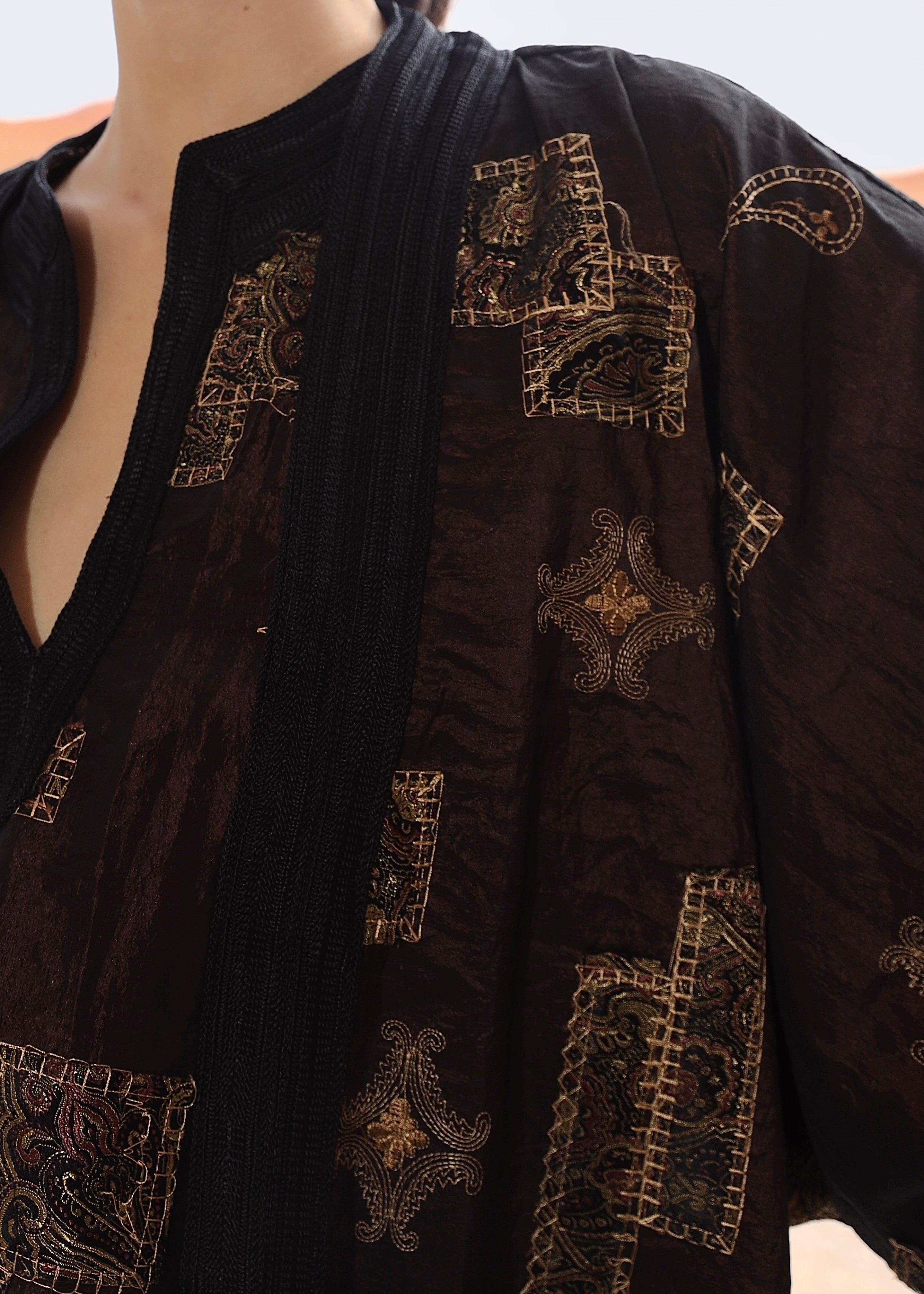 Brown Jacquard Kimono Jacket & Dress Set