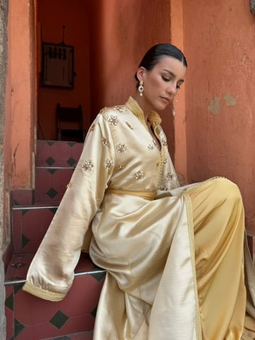Golden Lamé Silk Kaftan Beading