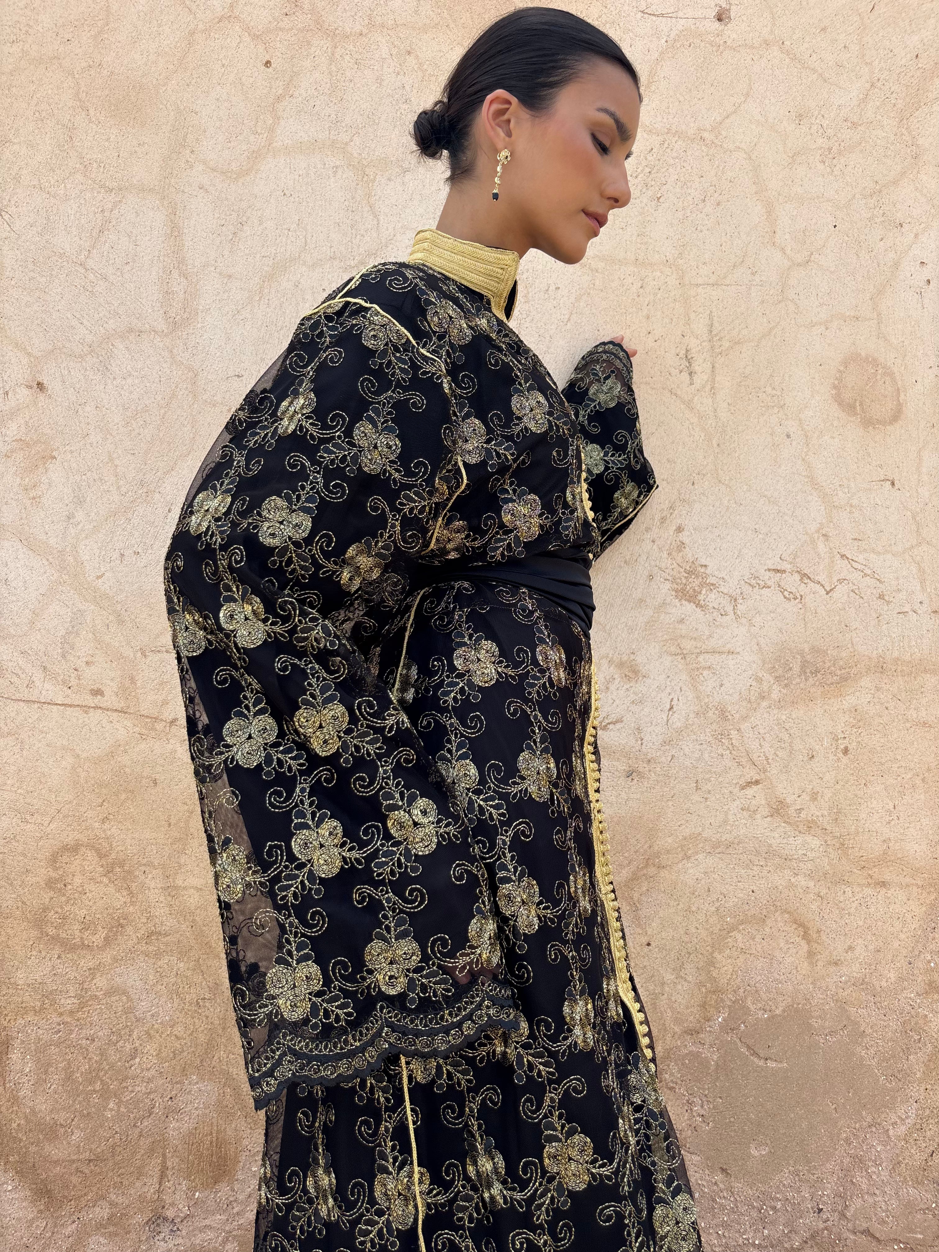Sfifa Black Kaftan with Gold Embroidery