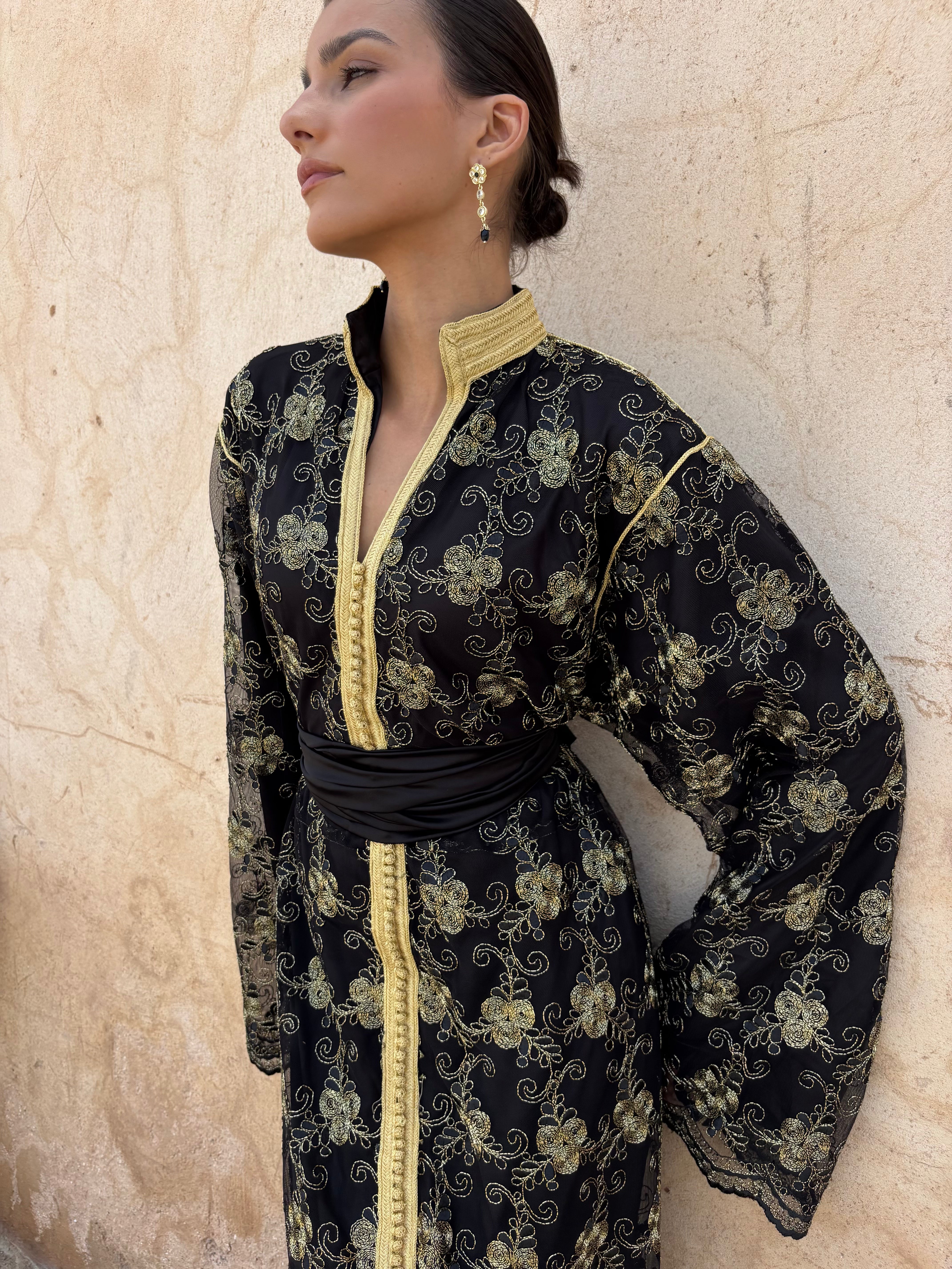 Sfifa Black Kaftan with Gold Embroidery