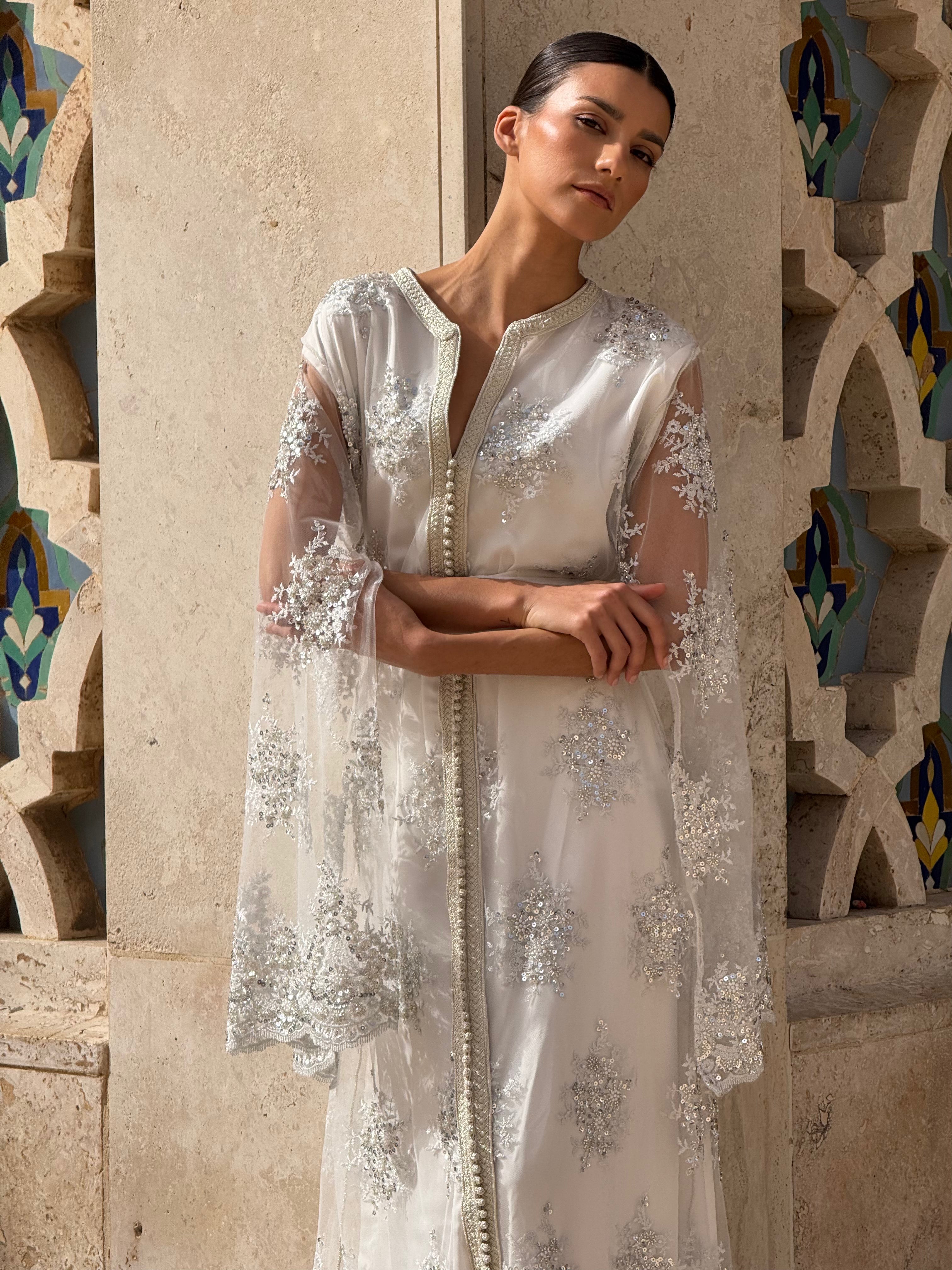 White Kaftan with Silver Embellishments and Beads