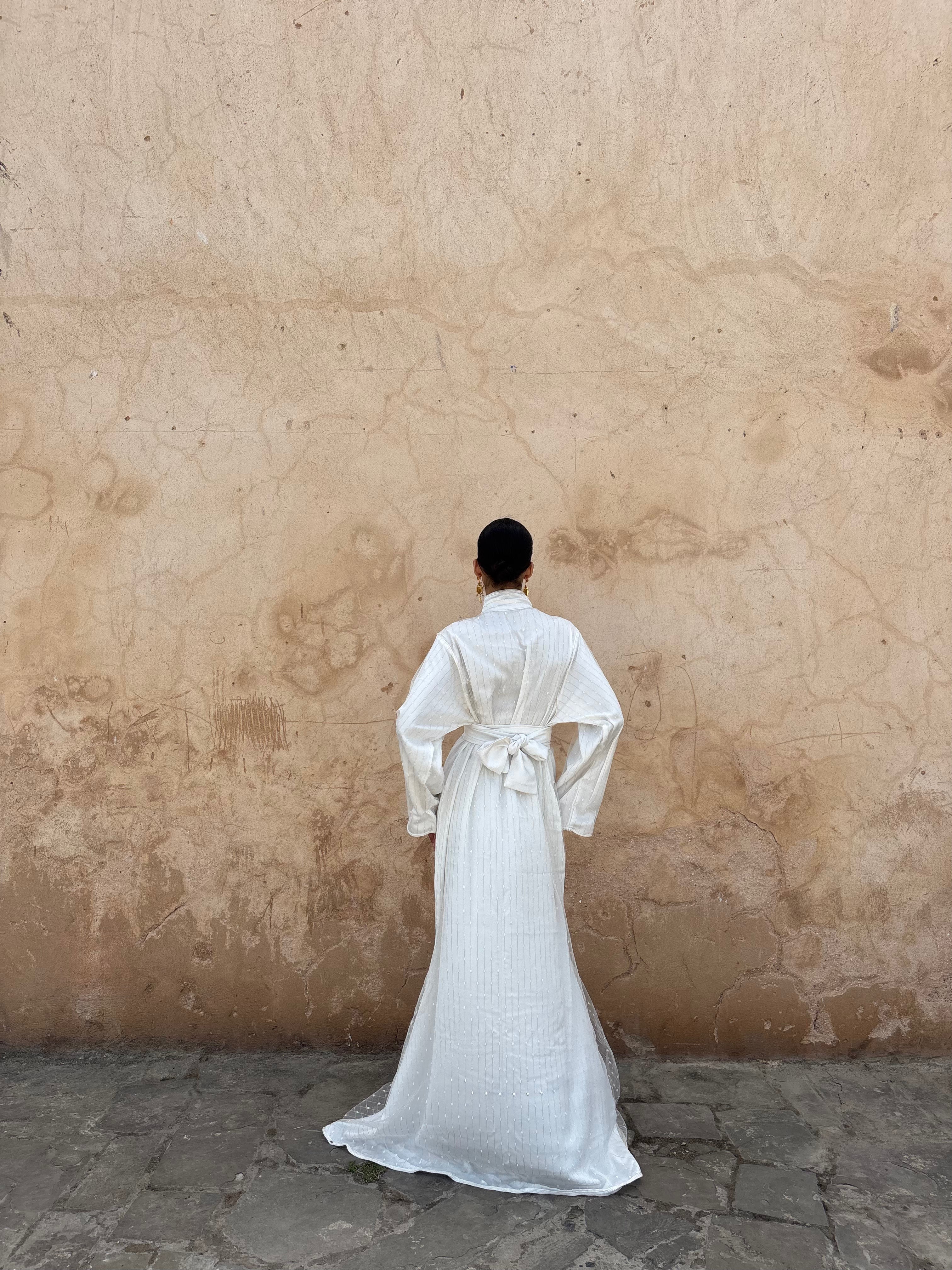 White Kaftan with a High Neck and Beaded Embellishments