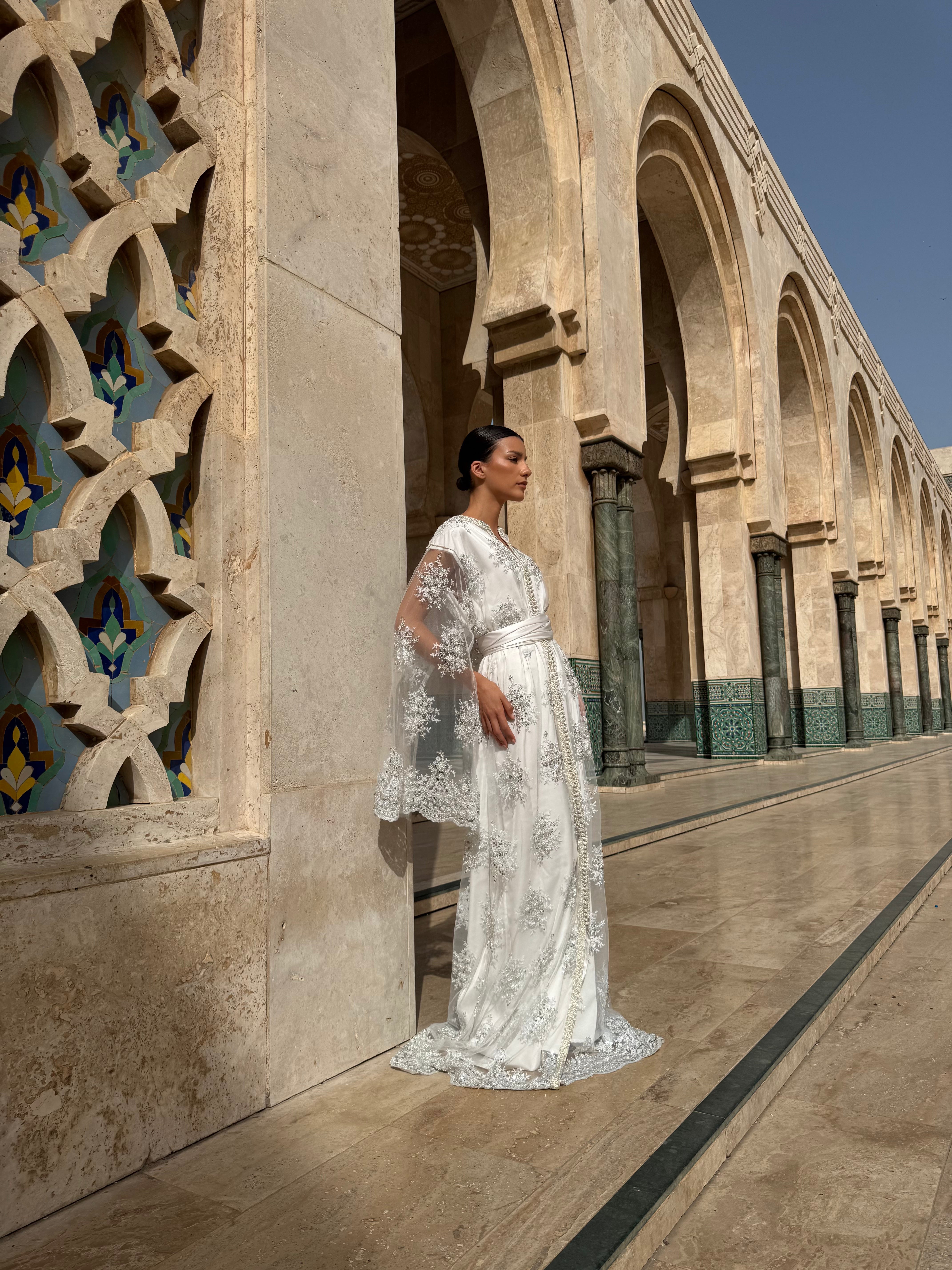 White Kaftan with Silver Embellishments and Beads