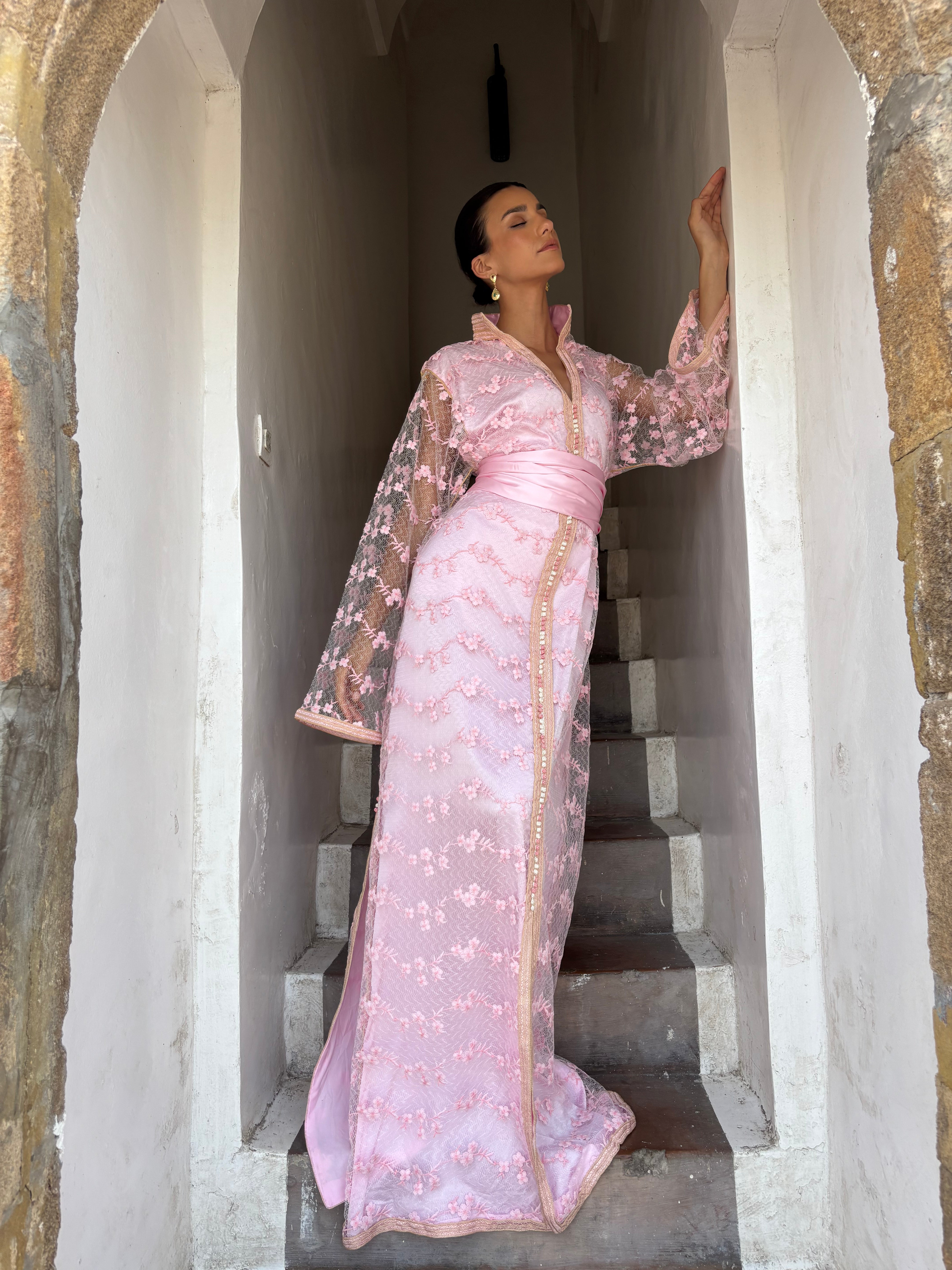 Pink Kaftan with Embossed Floral Design