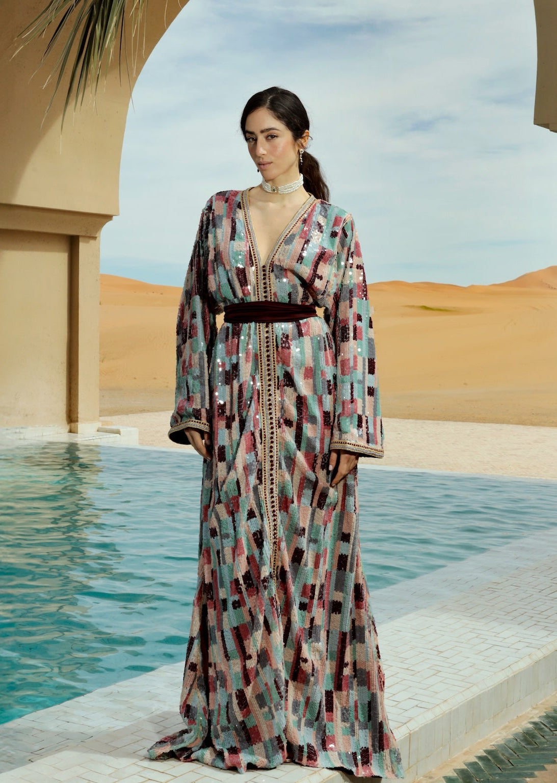 Kaftan with multicolored sequins, front view.