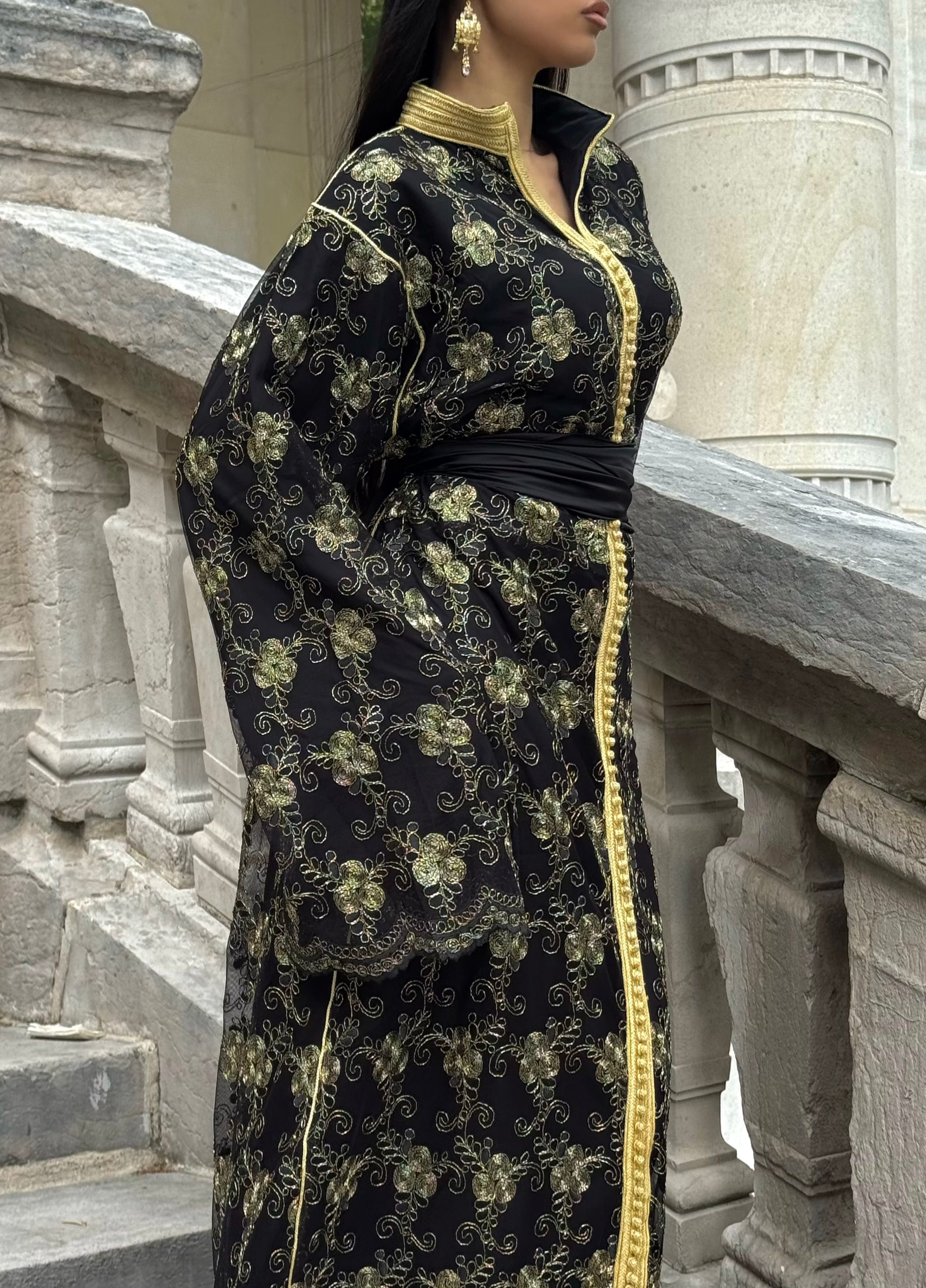 Black Kaftan with Gold Embroidery and Moroccan Sfifa