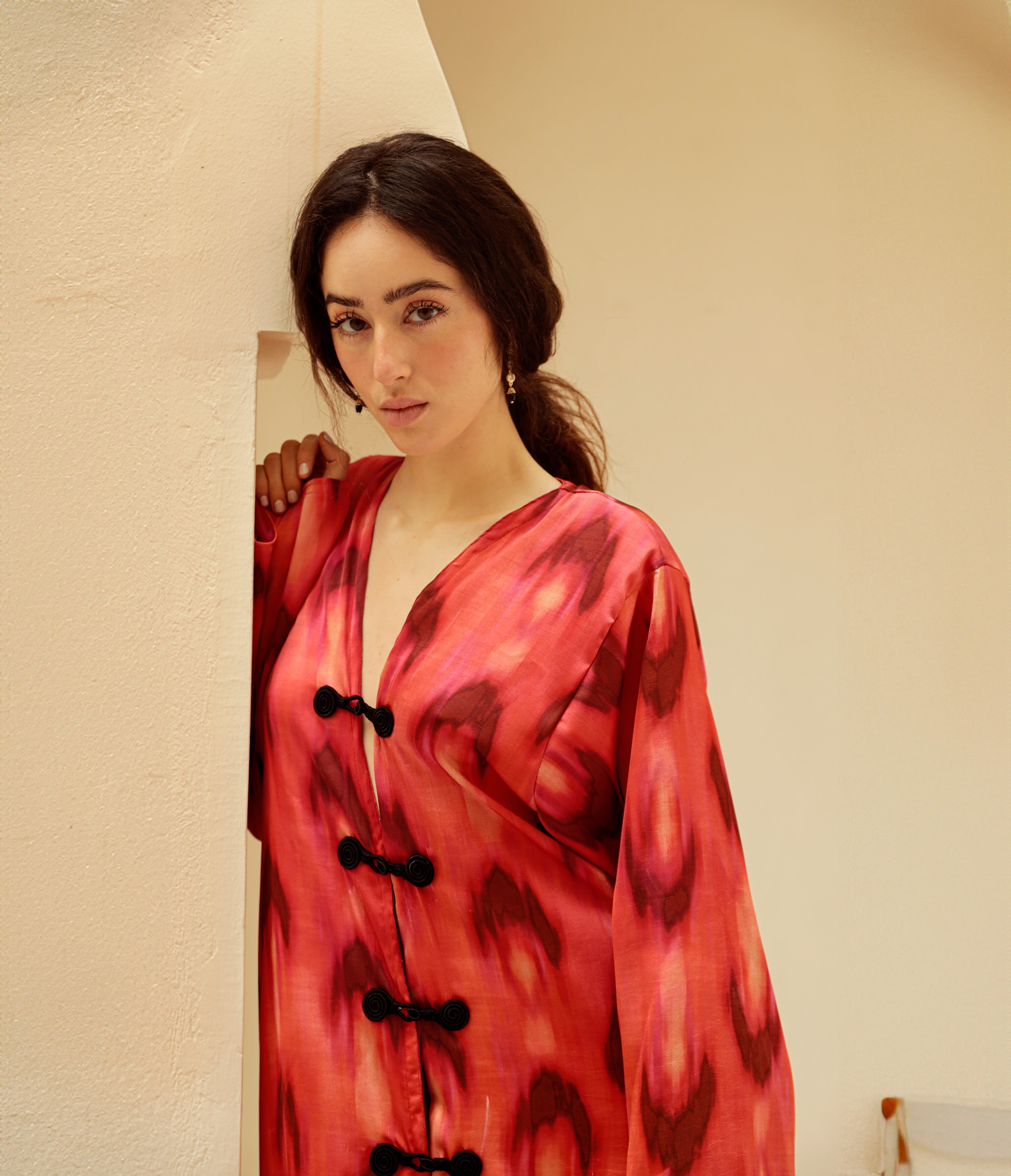 Details: Red and black chiffon dress with crochet detailing.