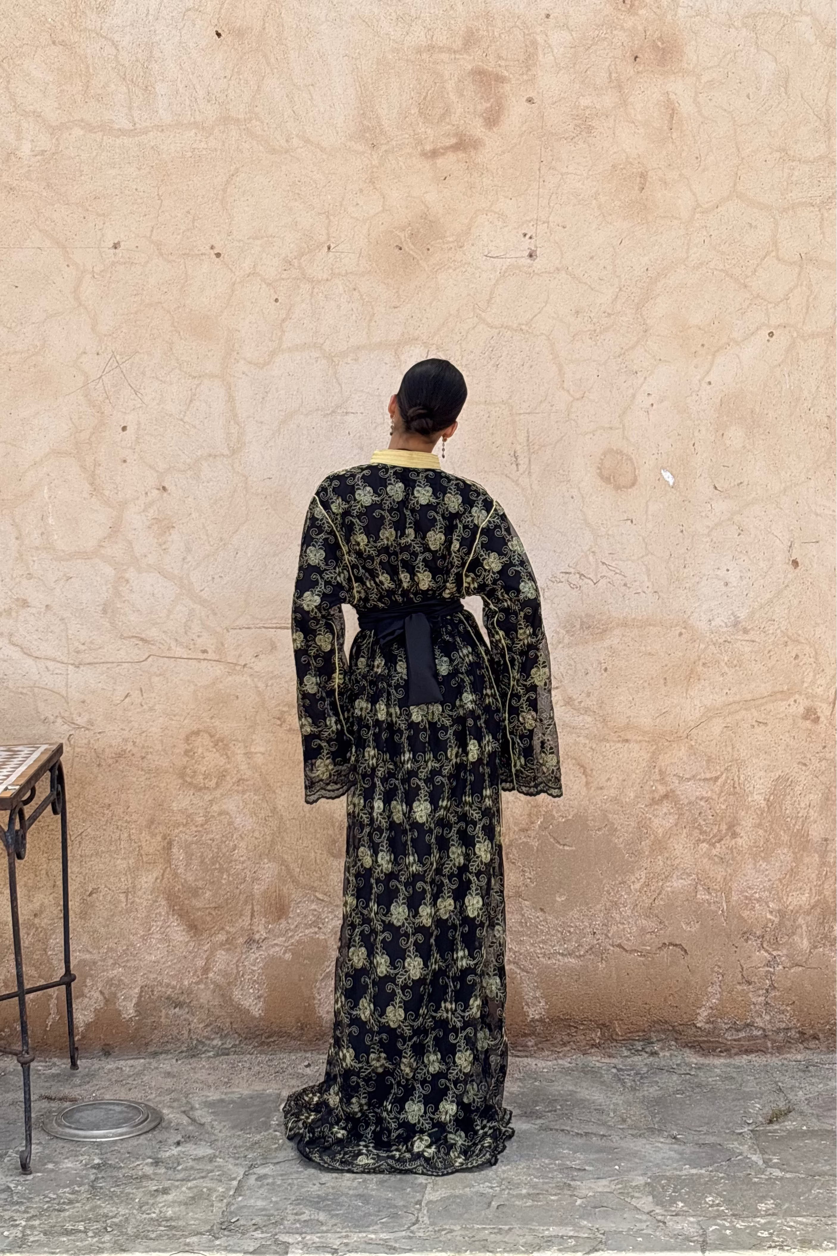 Black Kaftan with Gold Floral Embroidery