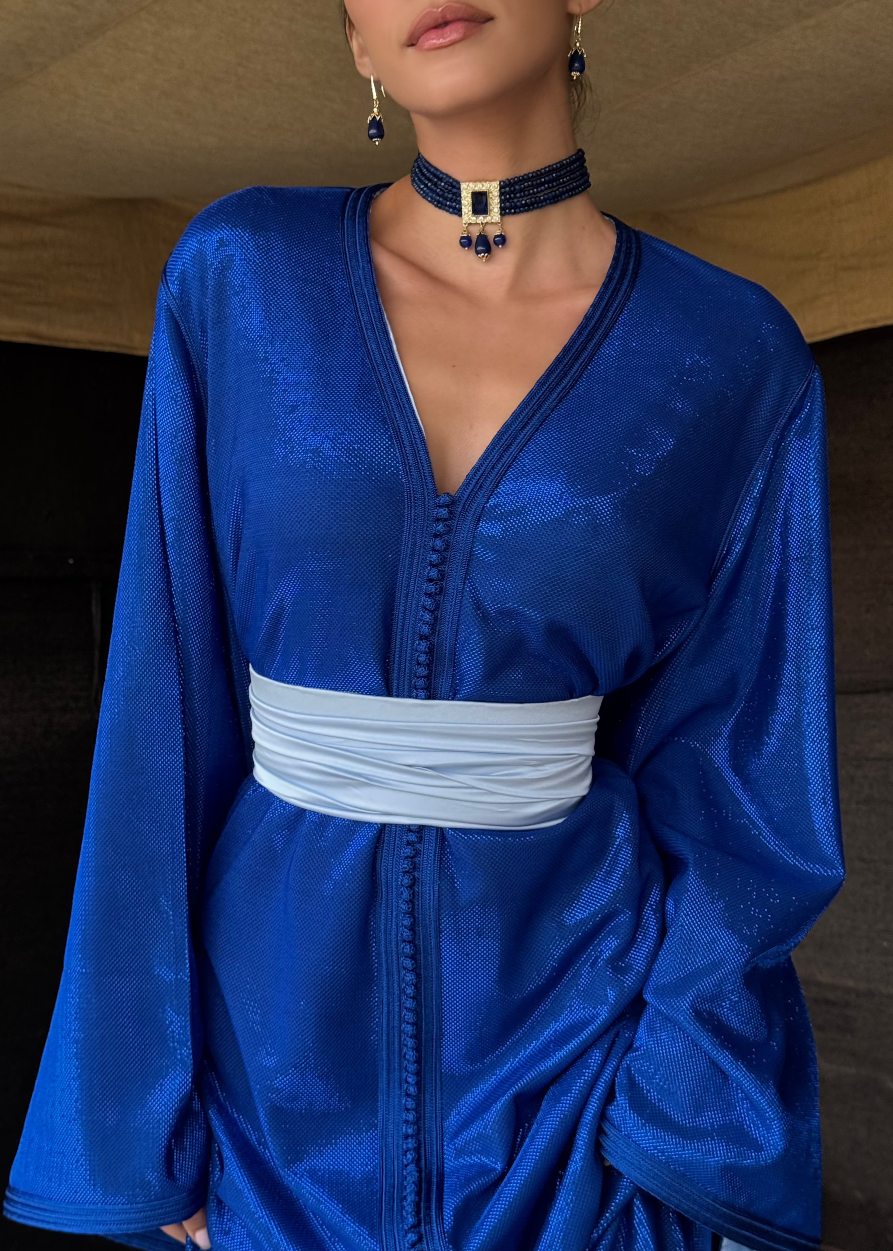 Caftan en Lamé de Soie Pailletée Bleu Roi - Pièce Unique