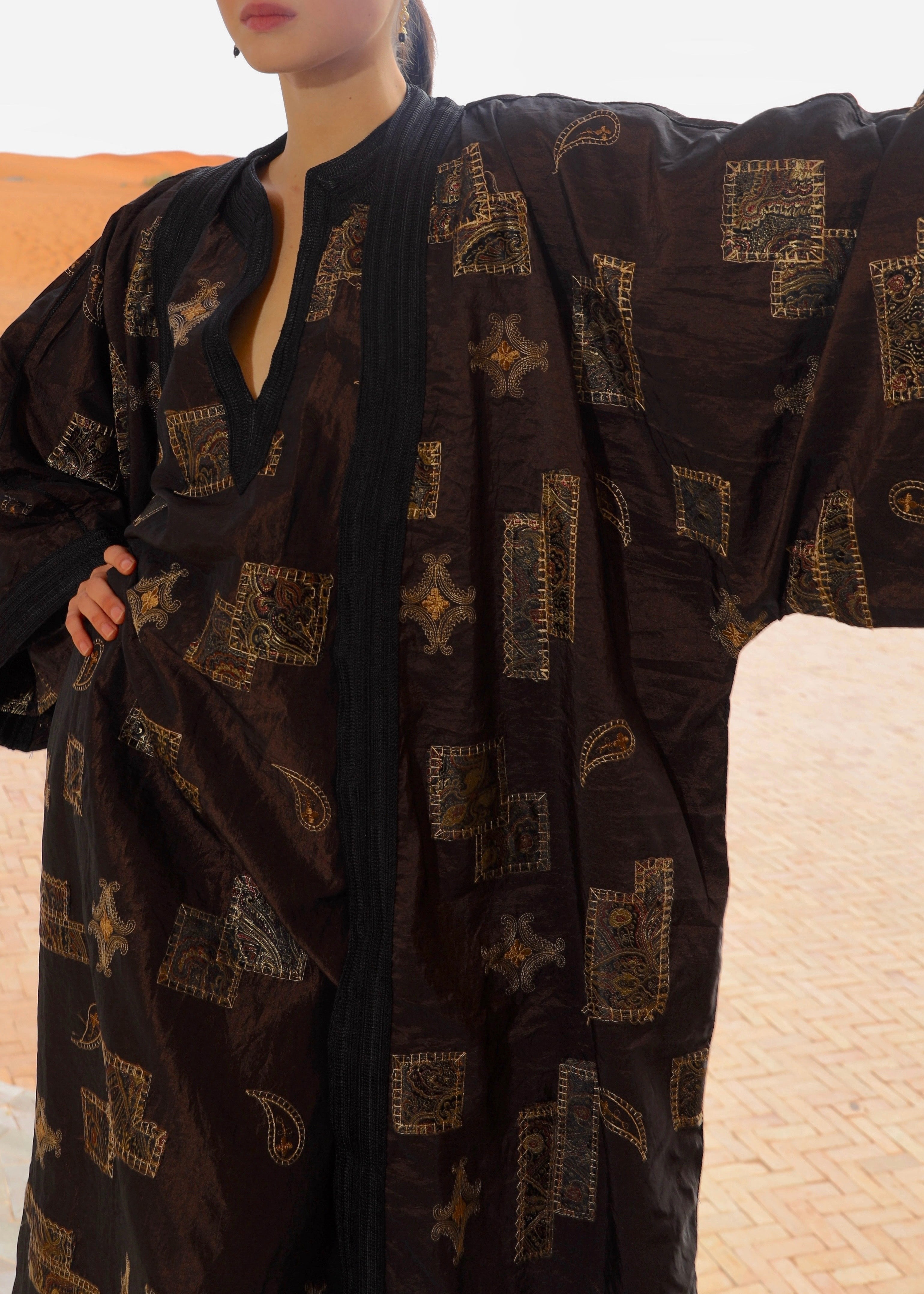 Brown Jacquard Kimono Jacket & Dress Set