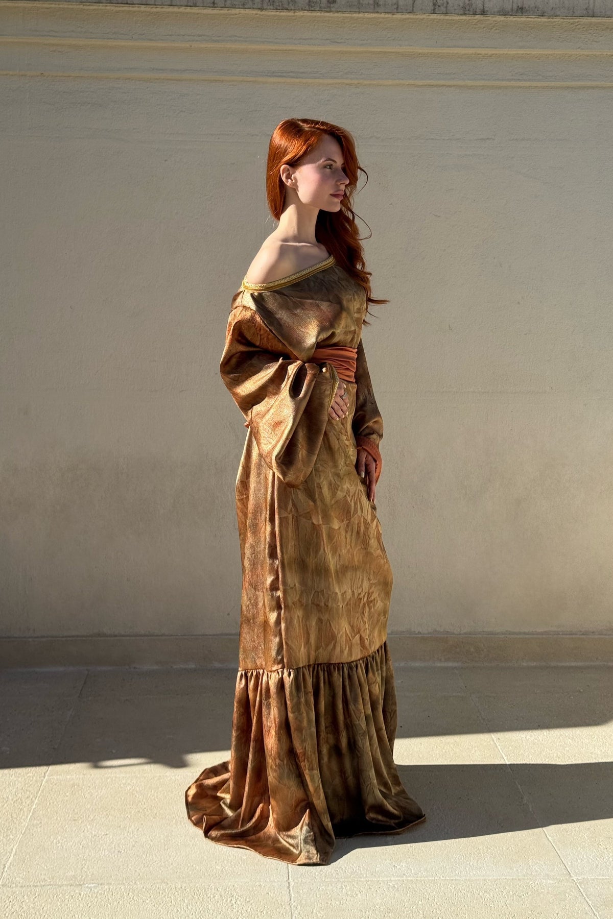 Khaki Long Lamé Dress with Belt
