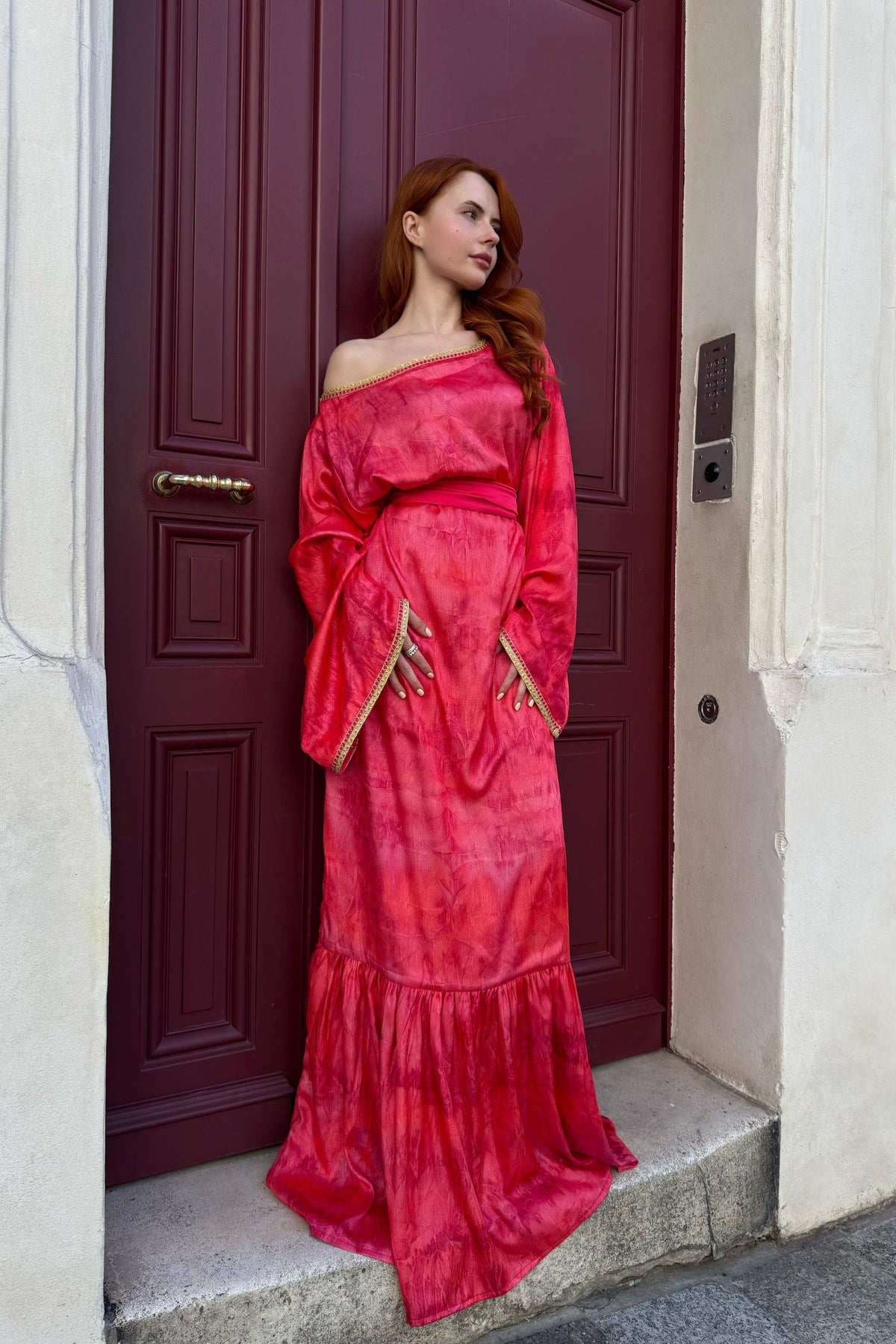 Long Coral Lamé Dress with Belt