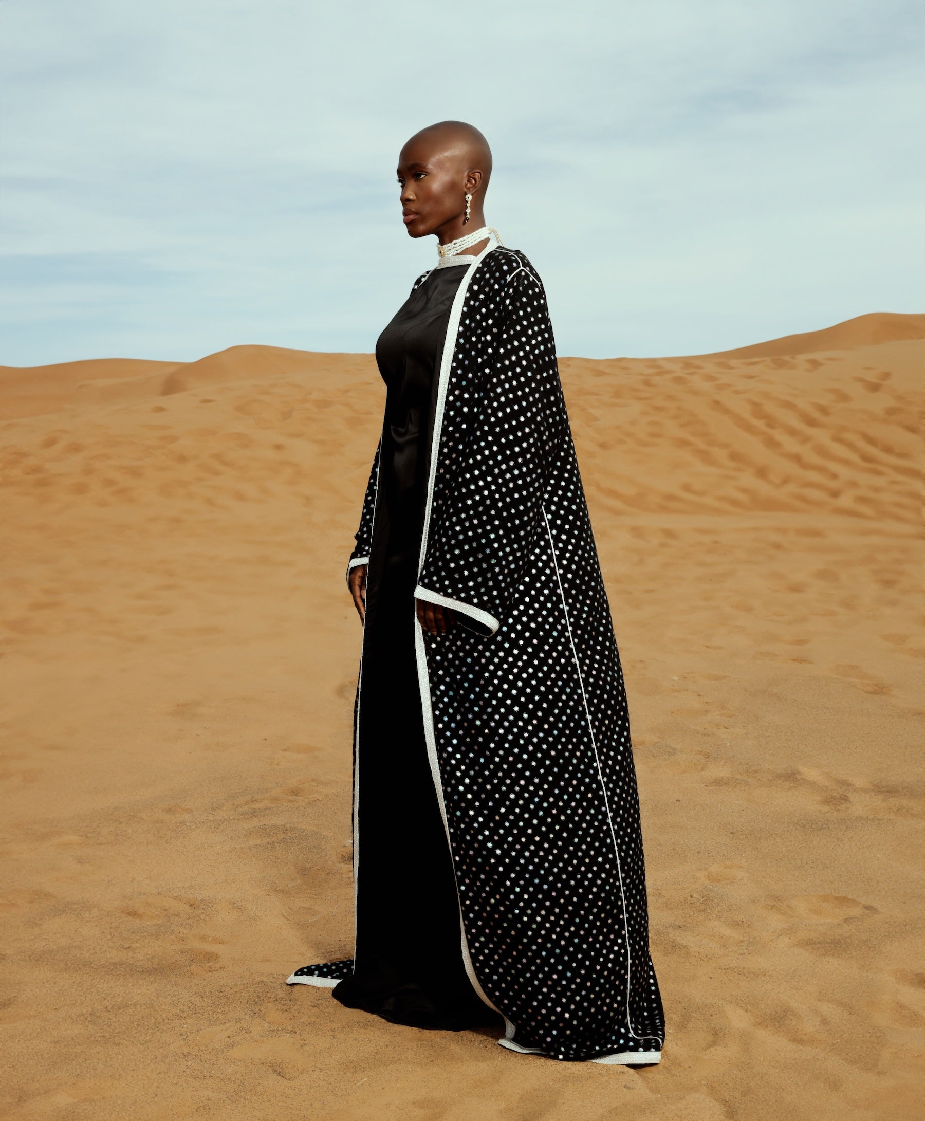 Black tulle abaya kimono embellished with sfifa and sparkling rhinestones, side view