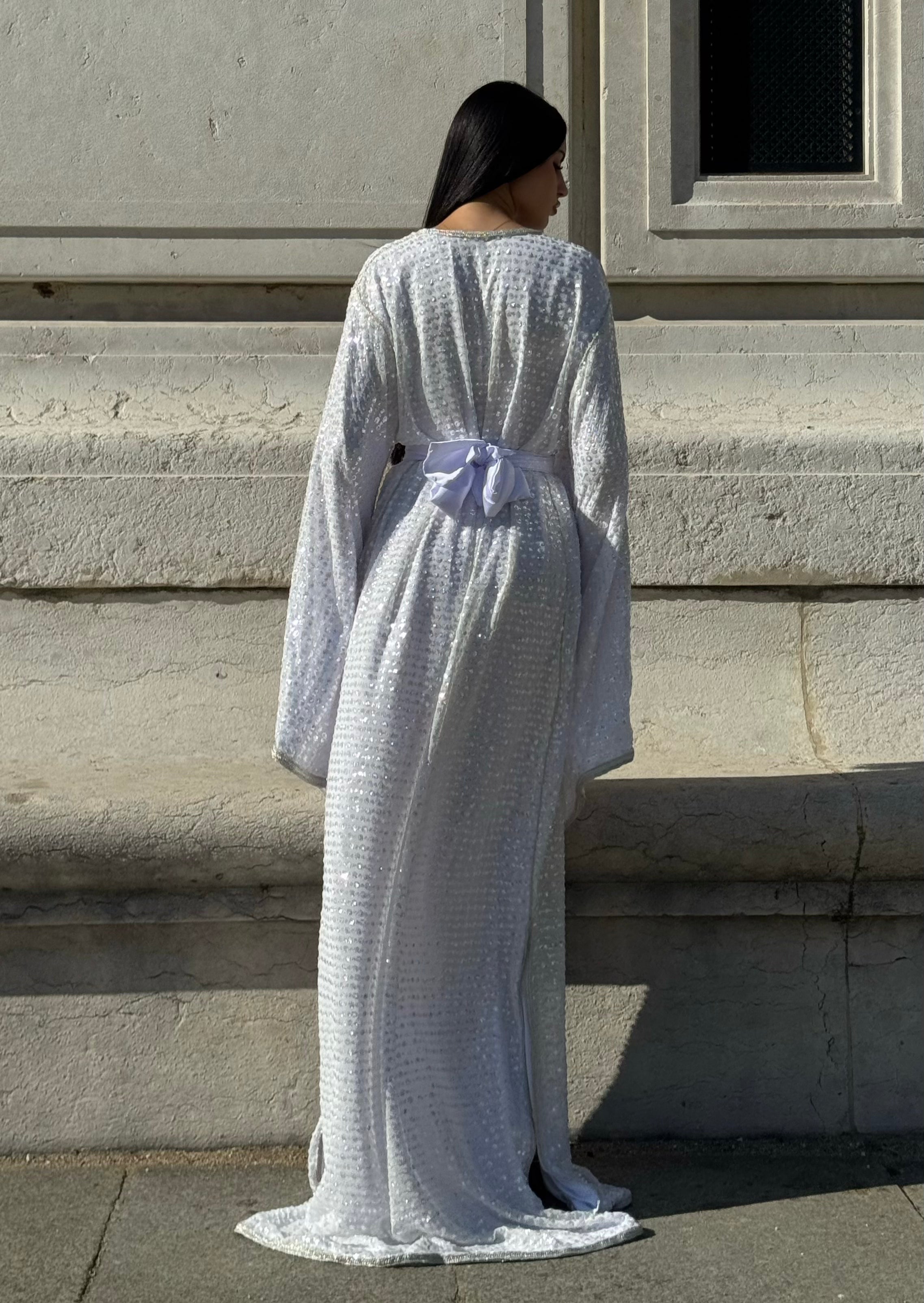 Rear view of the white Kaftan with silver sequins