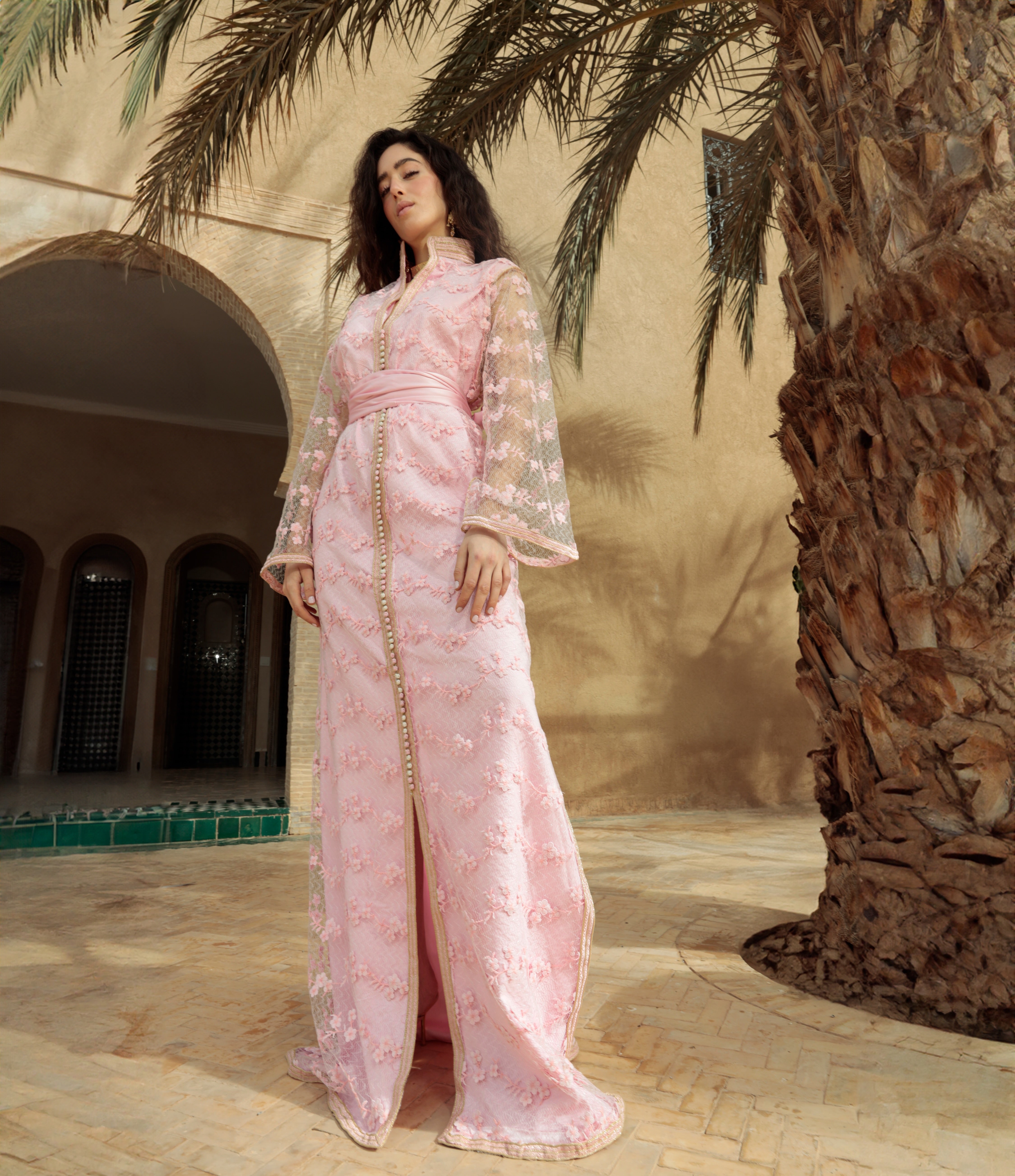 Worn Kaftan lace Kaftan with a long, flowing, and elegant cut