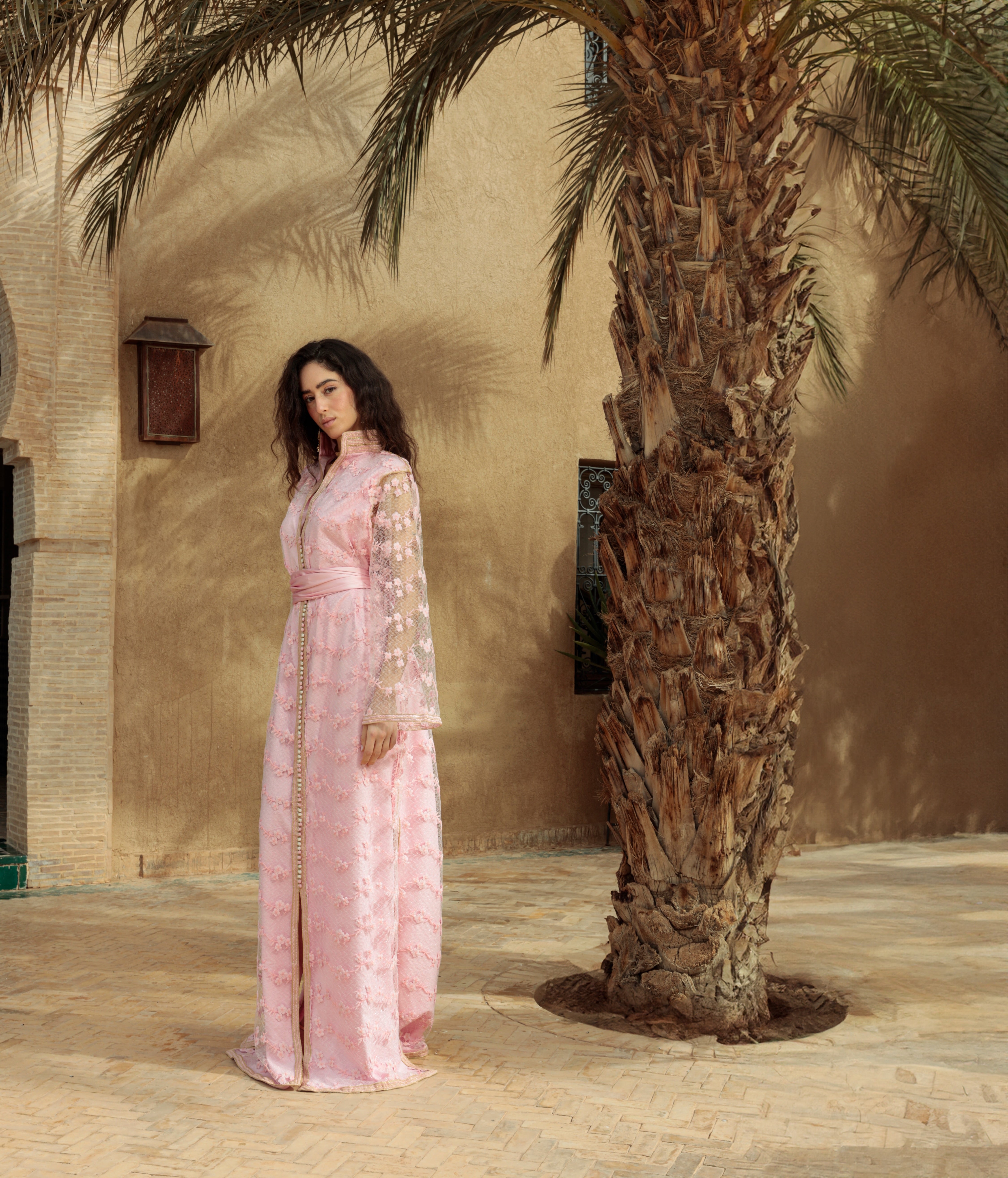 Pink Kaftan with raised floral pattern, front view