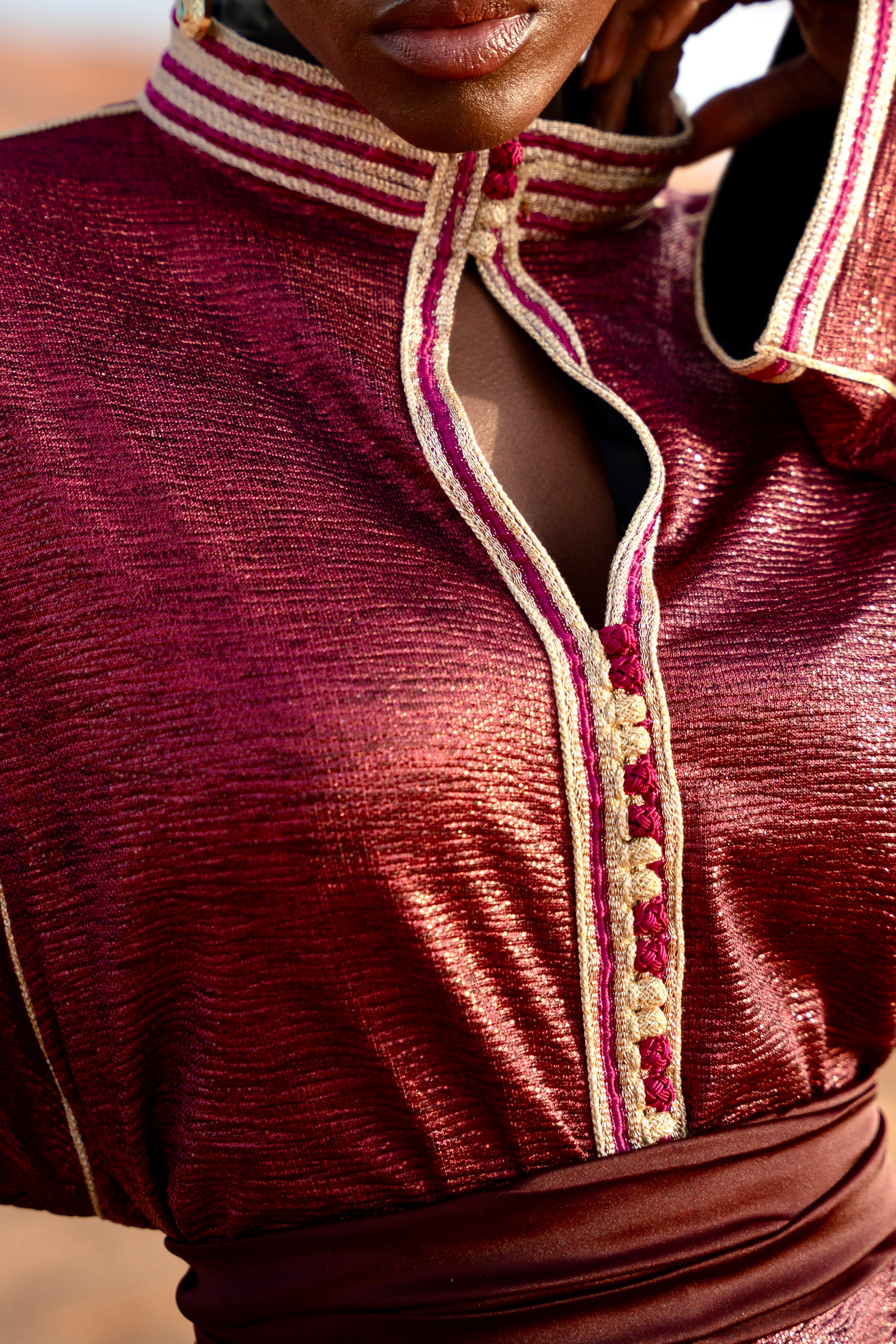 Close-up of the purple jersey fabric on a Kaftan