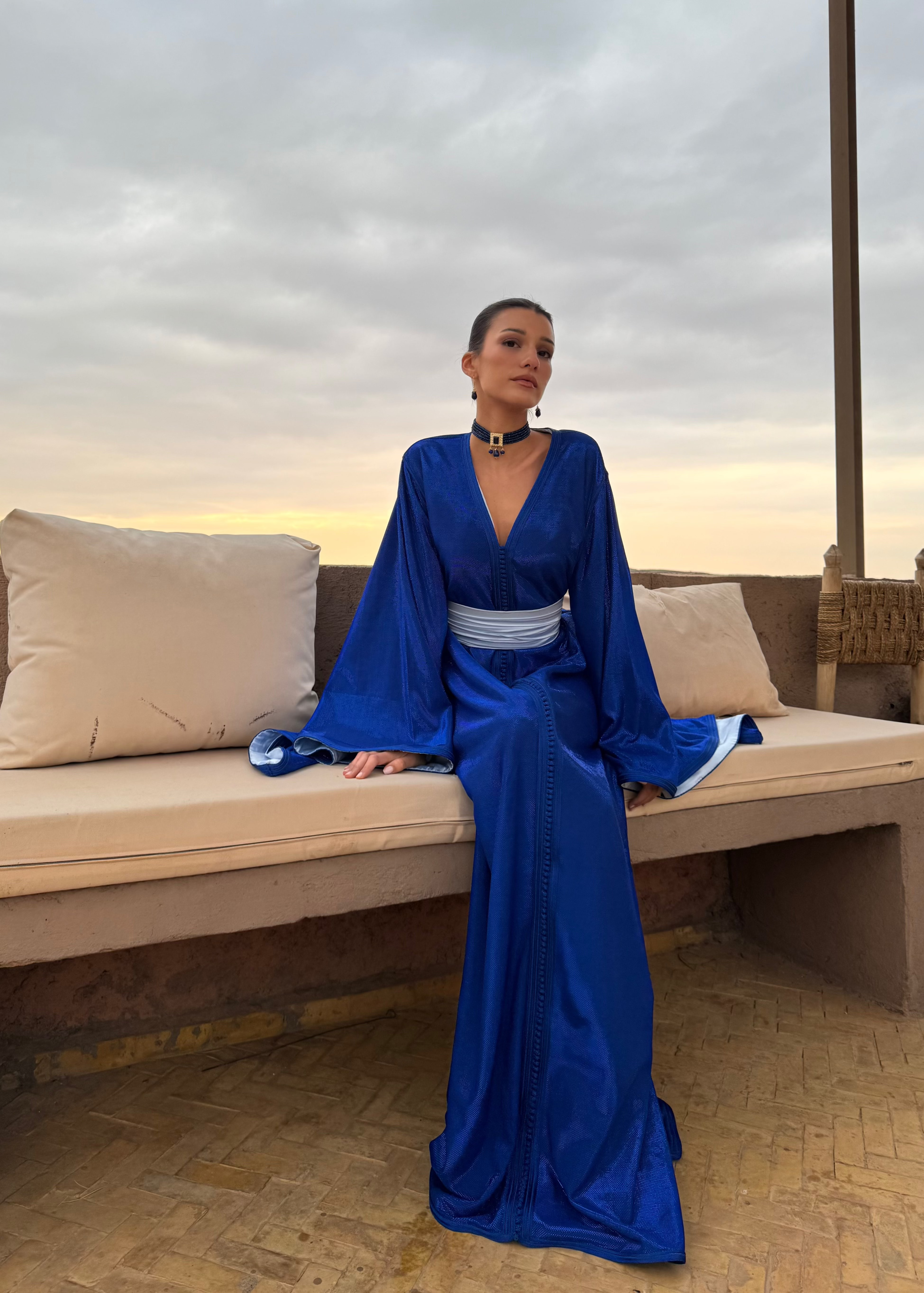 Royal blue sequined silk Kaftan with a V-neck and matching belt