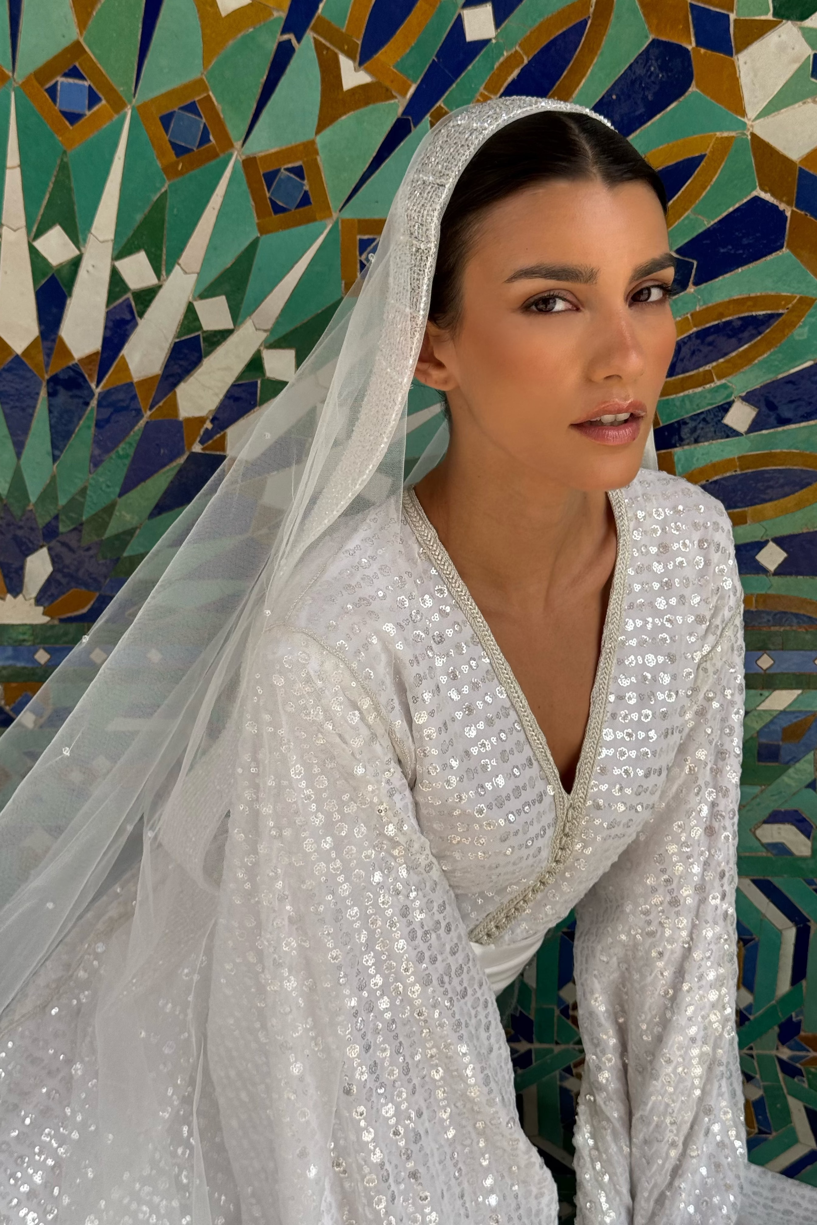 Caftan de mariée scintillant à manches papillon, vue de dos