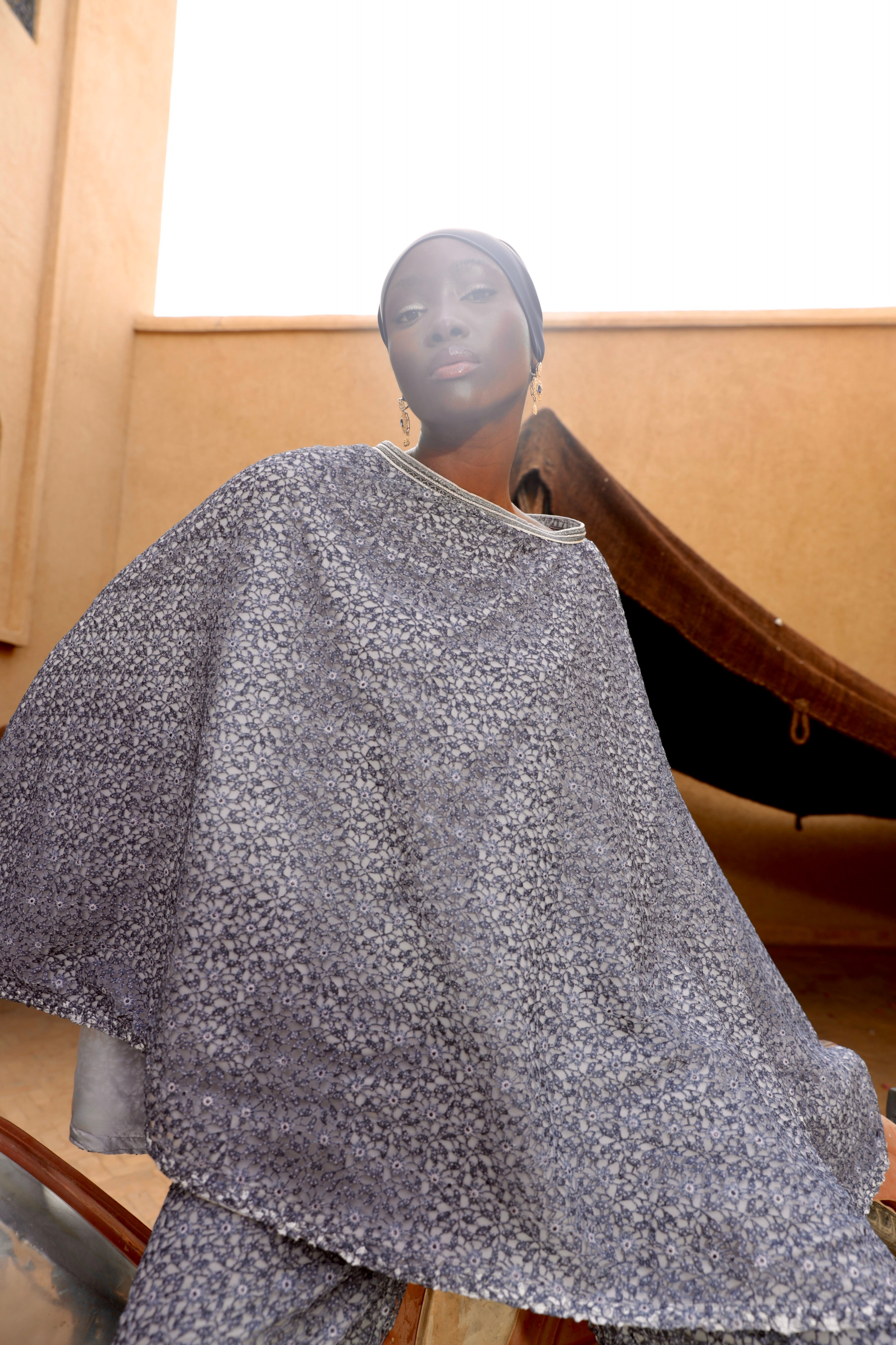 Pants that match the blue lace cape set