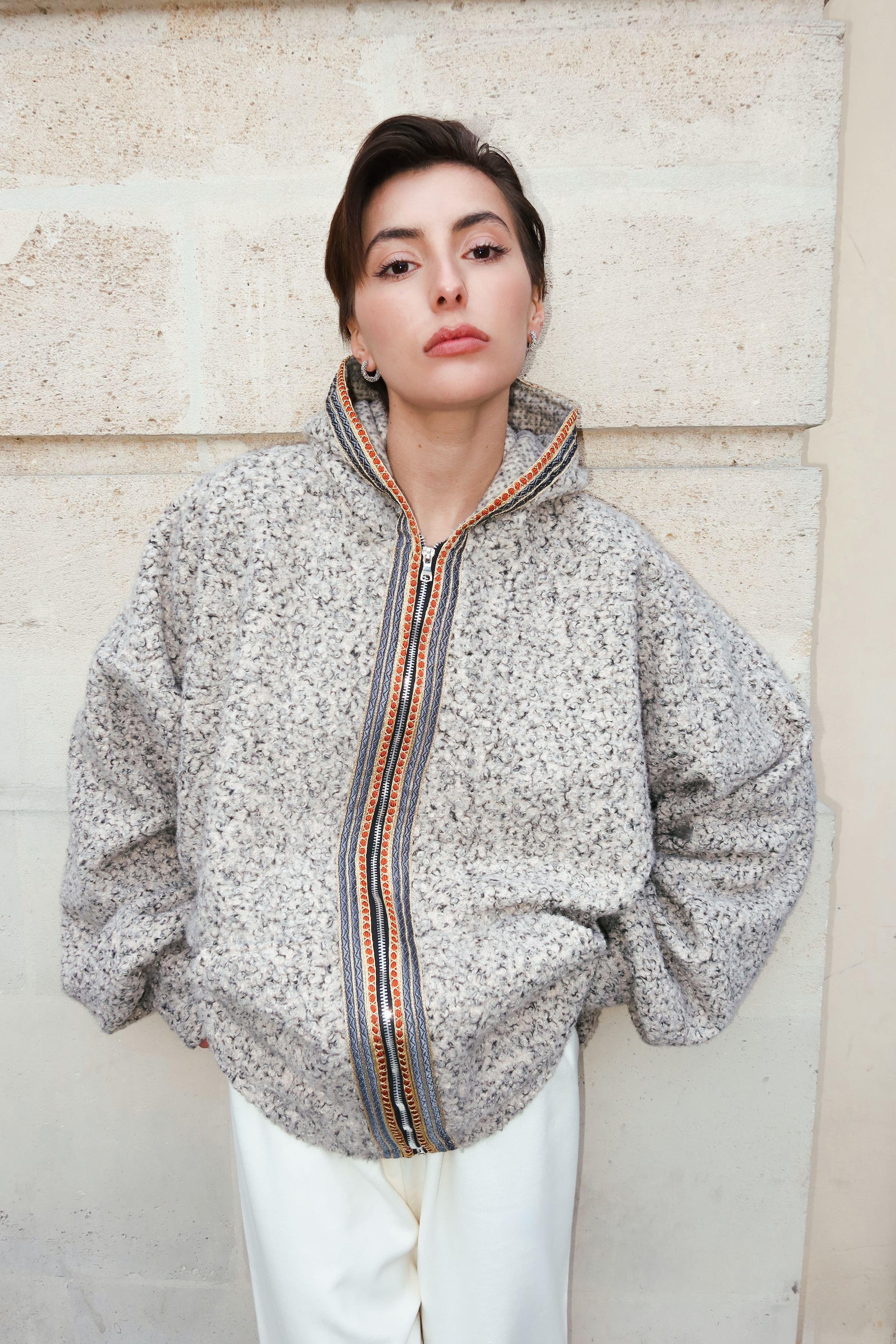 Beige bouclé wool cardigan with Moroccan sfifa, front view