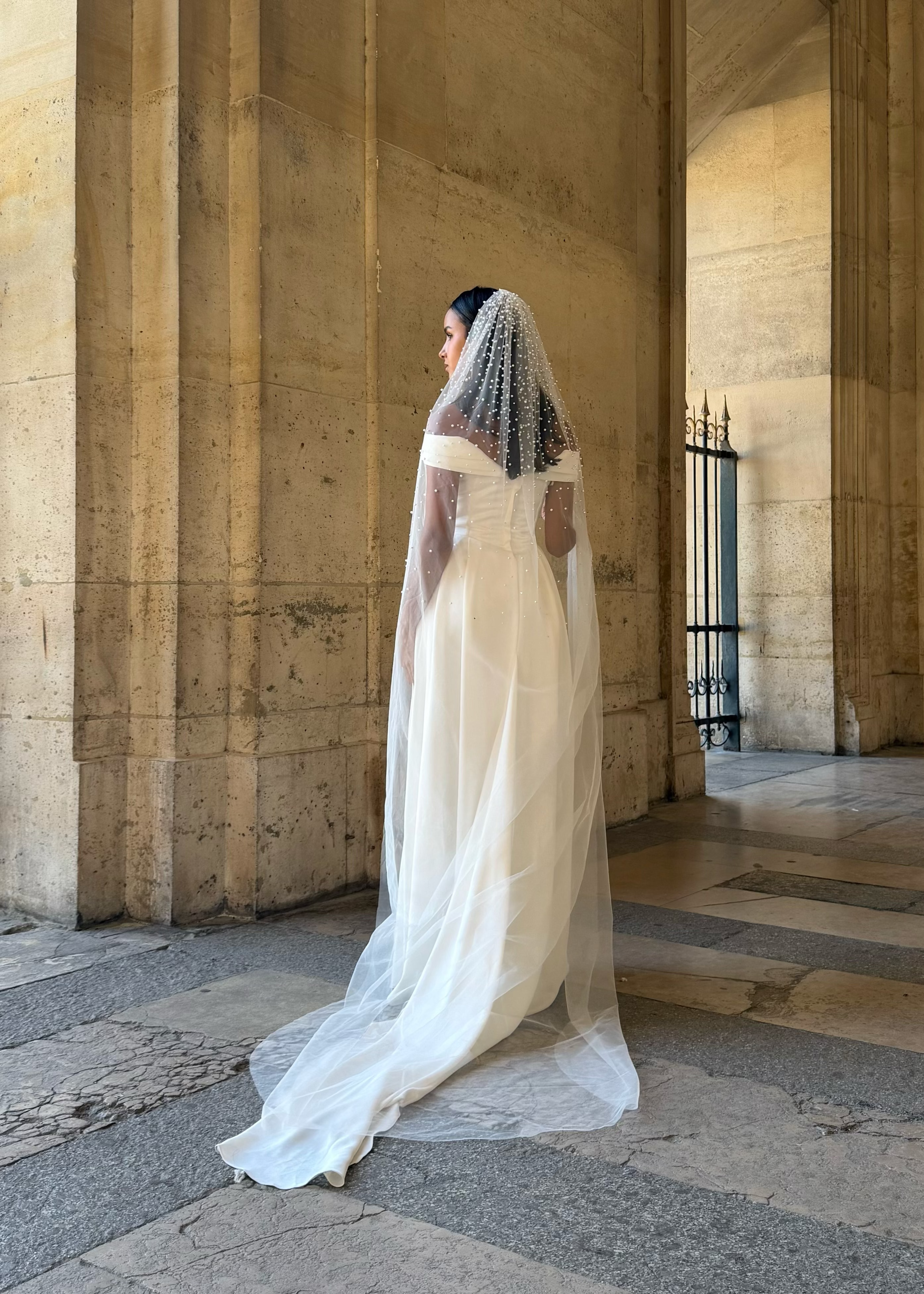 Voile de mariée long en tulle vu de dos, orné de perles brodées disposées en cascade sur toute la longueur.