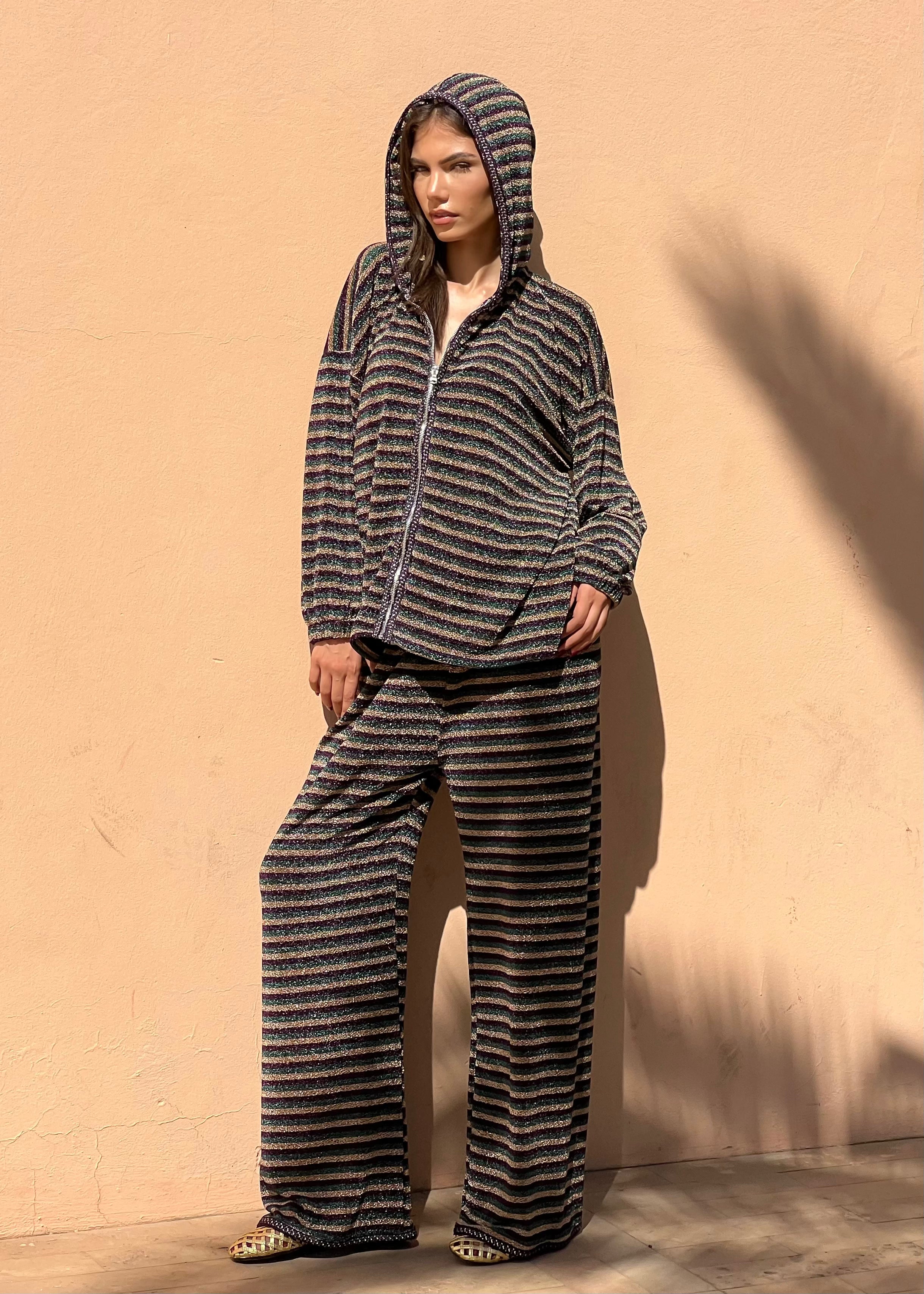 Green and Bordeaux Gold Brocaded Jacquard Zip-Up Hoodie and Trouser Set with Sfifa
