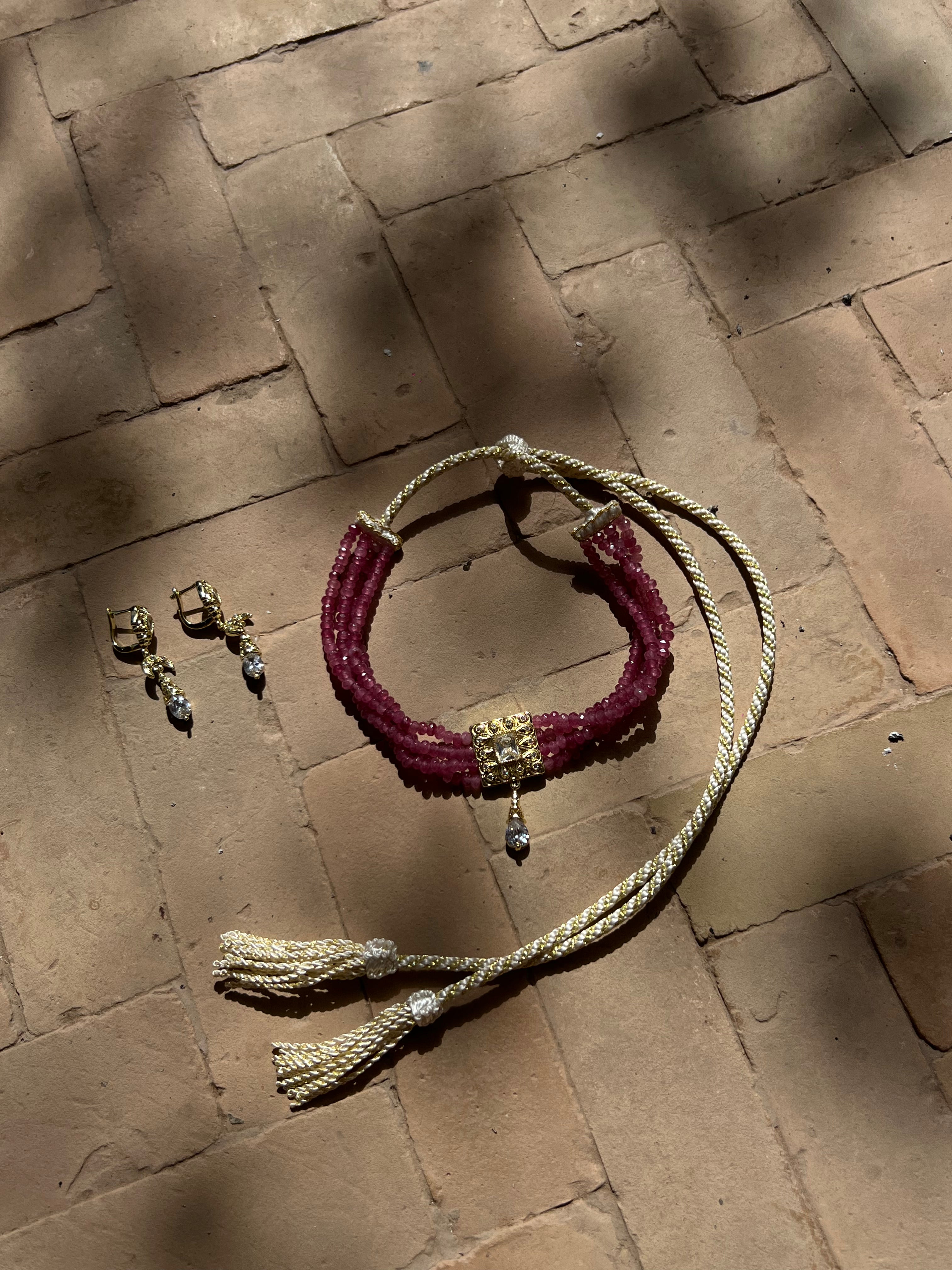 Raspberry necklace and gold earrings set