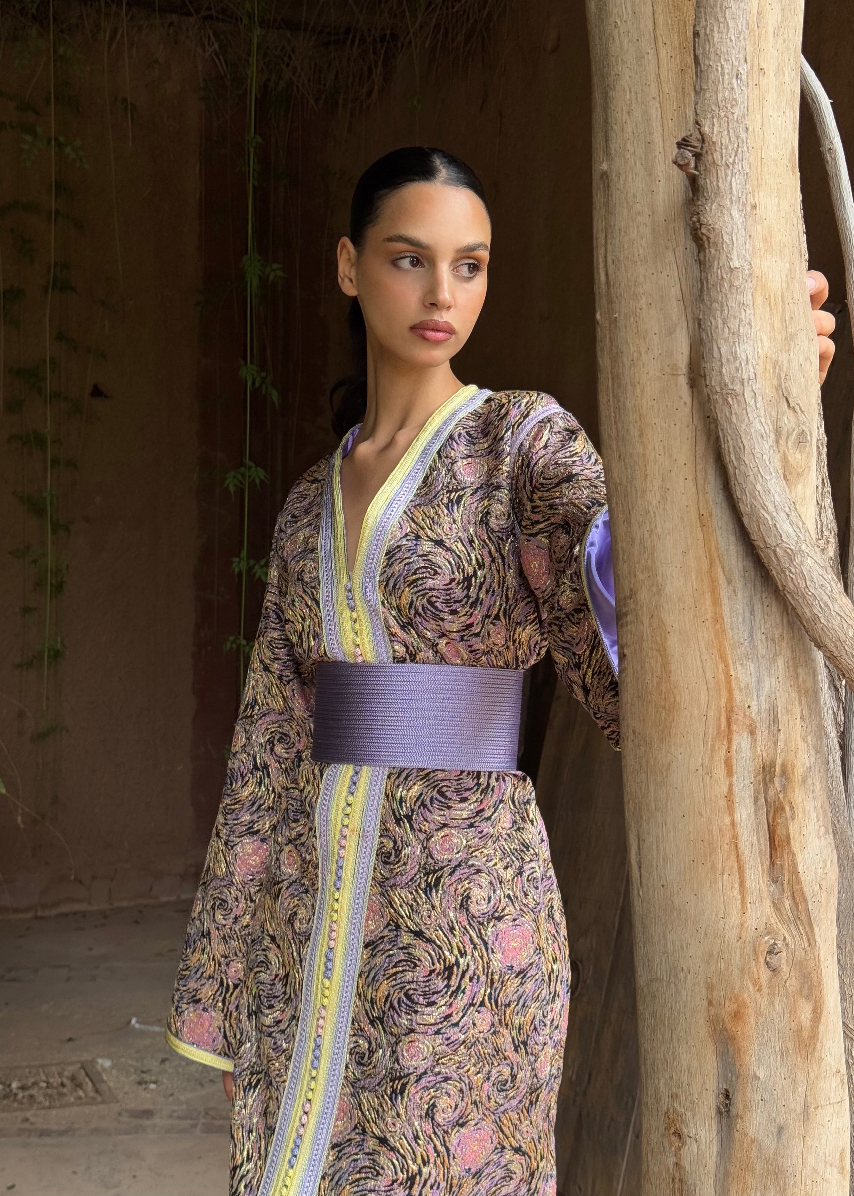 Multicolored brocade Kaftan , elegantly styled with purple and yellow accents