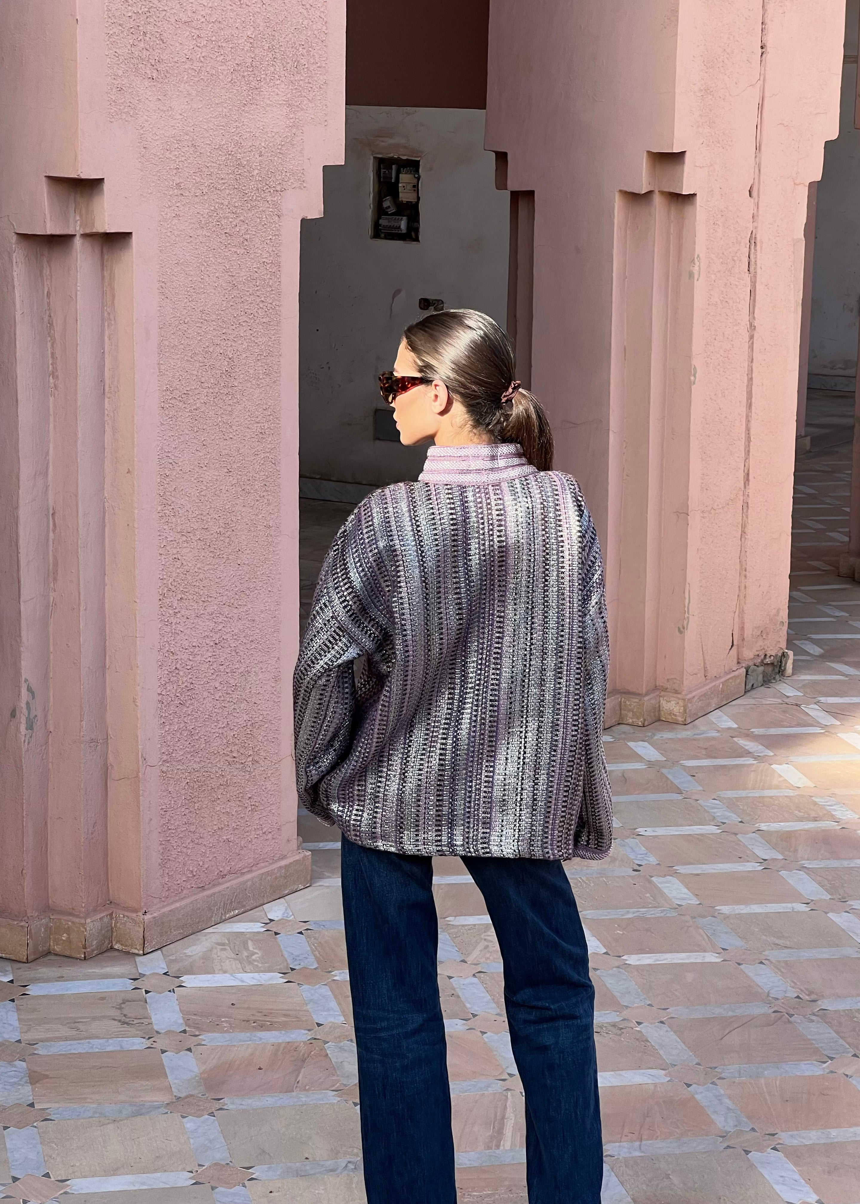 Shirt profile in purple and silver tweed with sfifa collar and elegant structured cut
