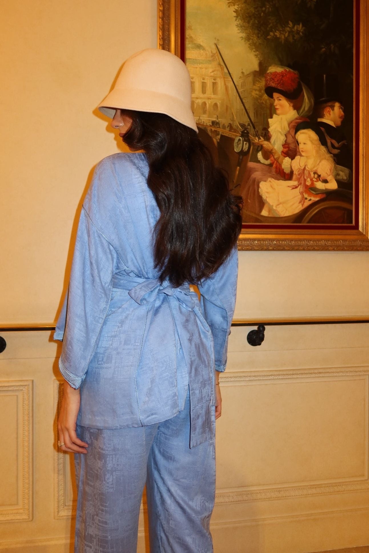 back view of sky-blue mlifa silk jacquard kimono and pants set with handcrafted sfifa and navy blue buttons