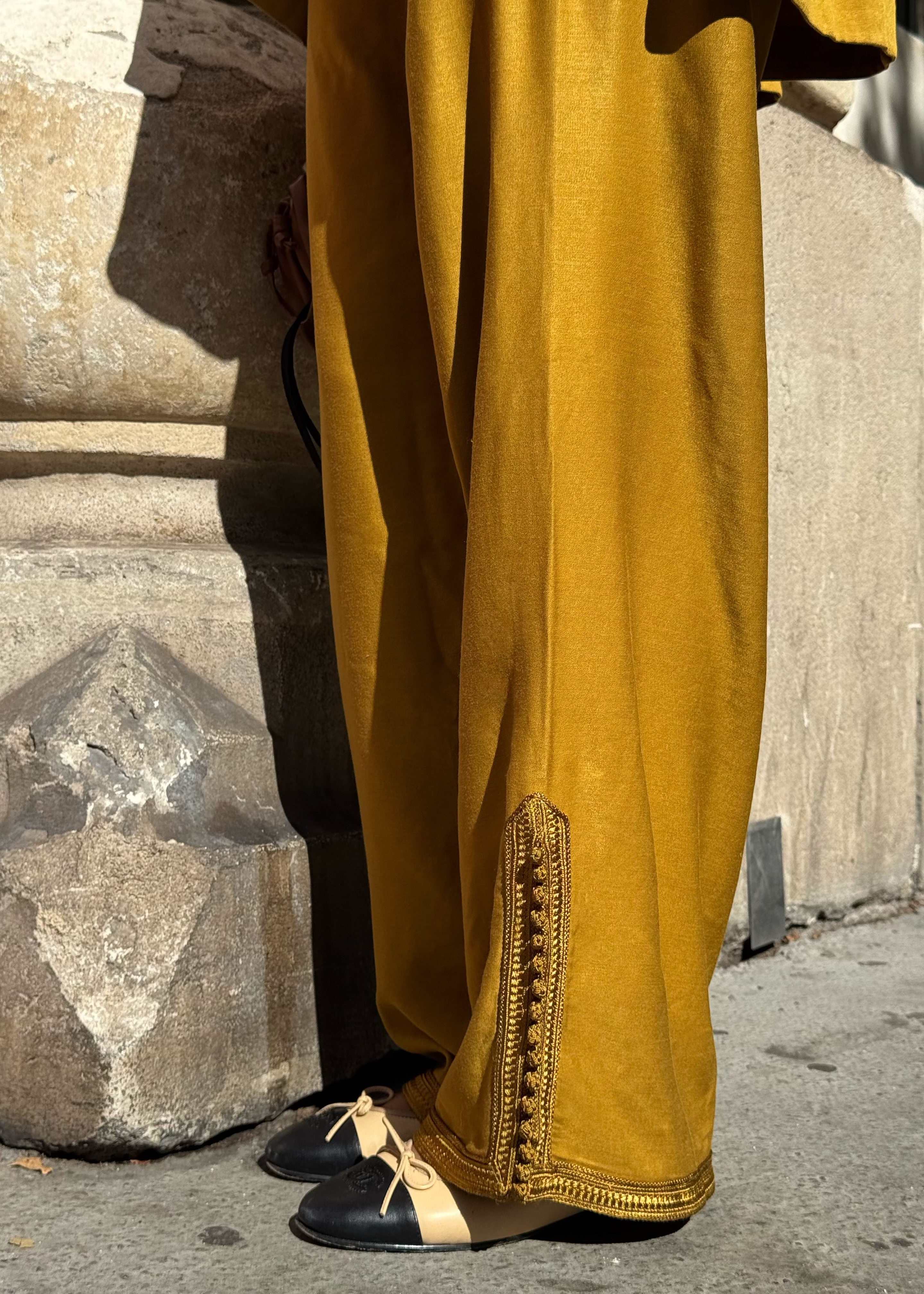 Detail of mustard Mlifa silk pants with handmade sfifa - elegant oriental ensemble