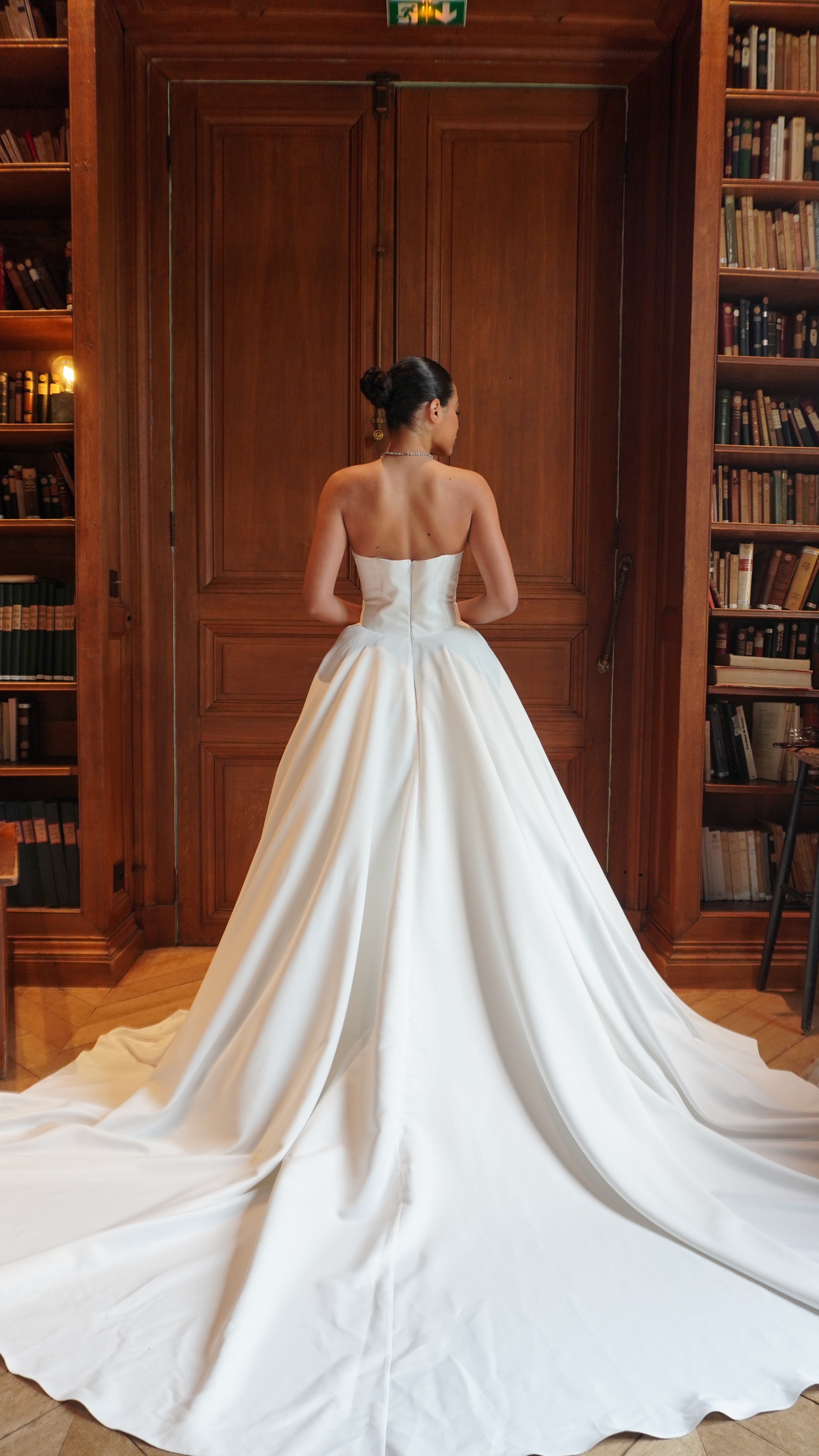 Strapless princess wedding dress in Palace satin - back view showing train
