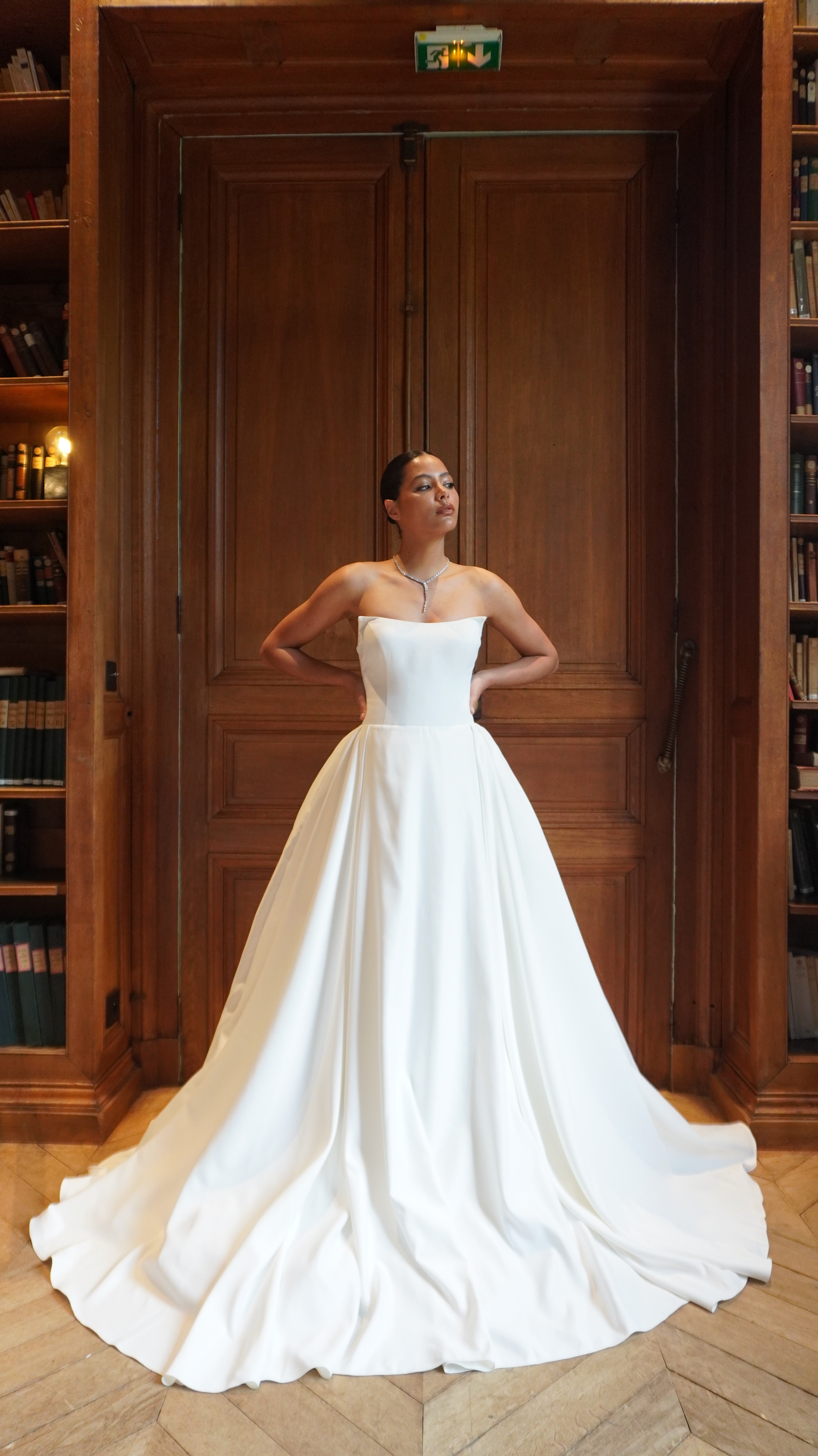 Palace satin strapless princess wedding gown - front view with strapless details