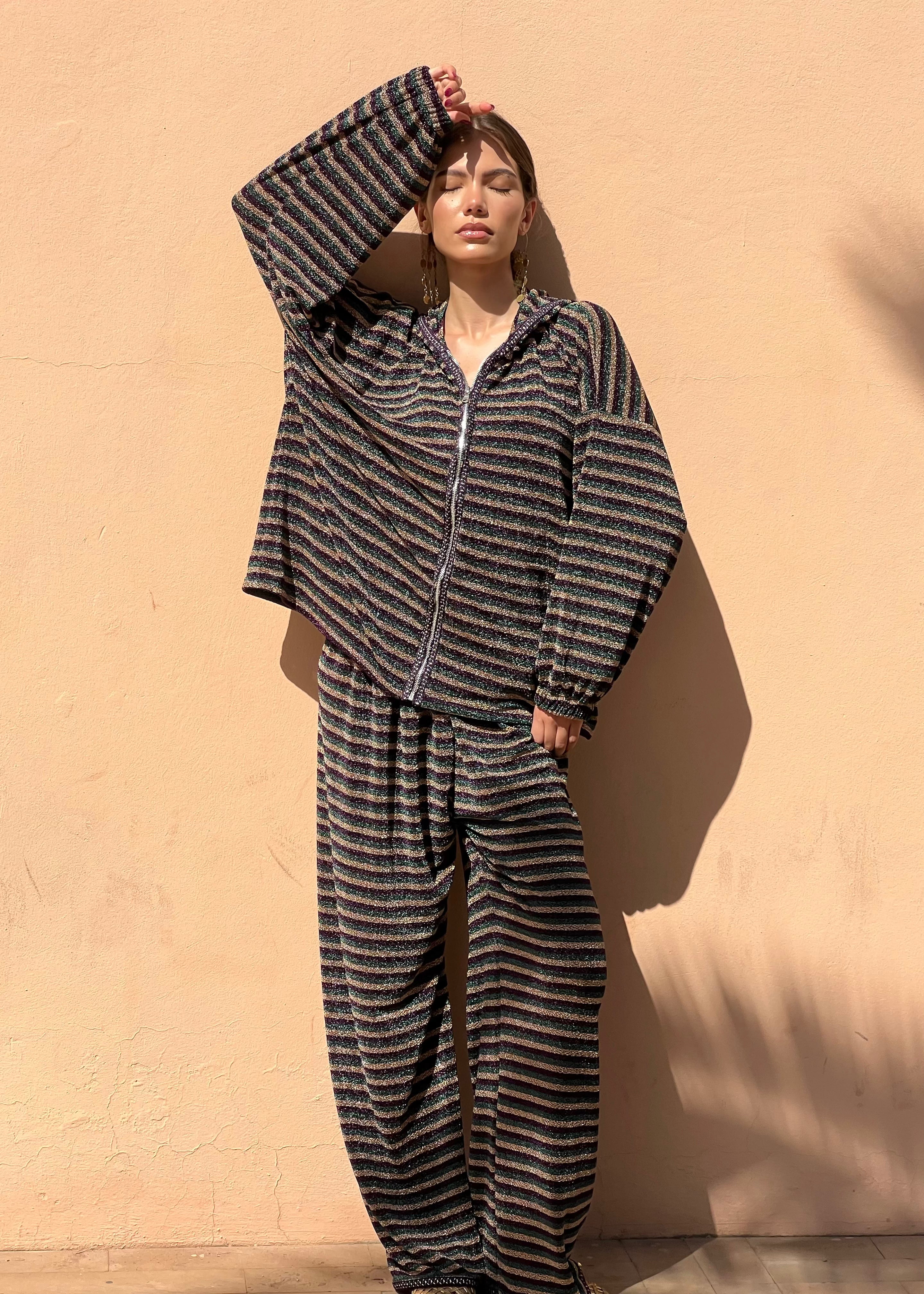 Gold, green and burgundy brocaded jacquard hoodie and pant set with sfifa in motion, glittering effect and fluid look