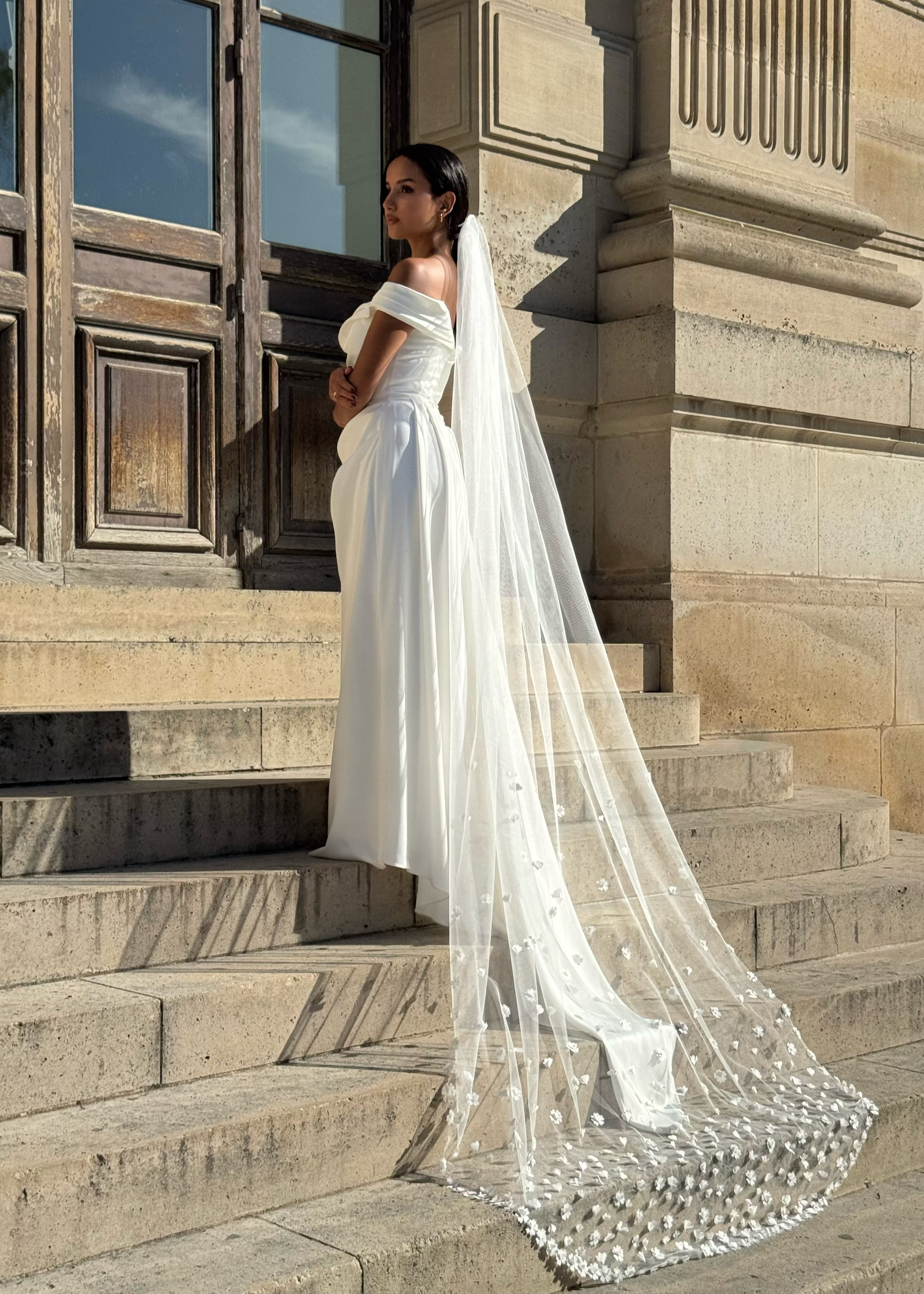 Cathedral wedding veil with 3D floral details, second profile angle