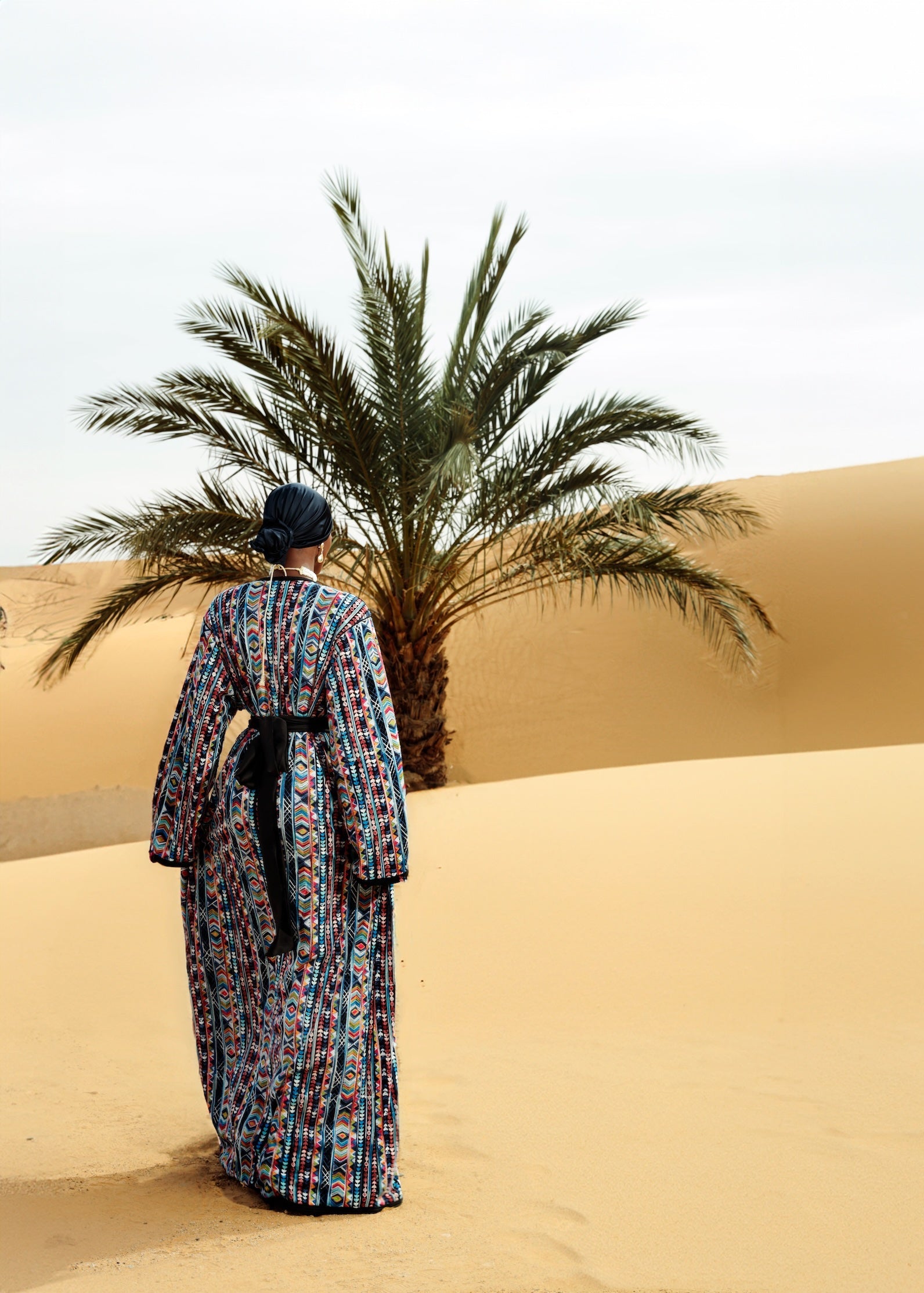 قفطان من التول الأسود مزين بتطريزات متعددة الألوان، من الخلف.