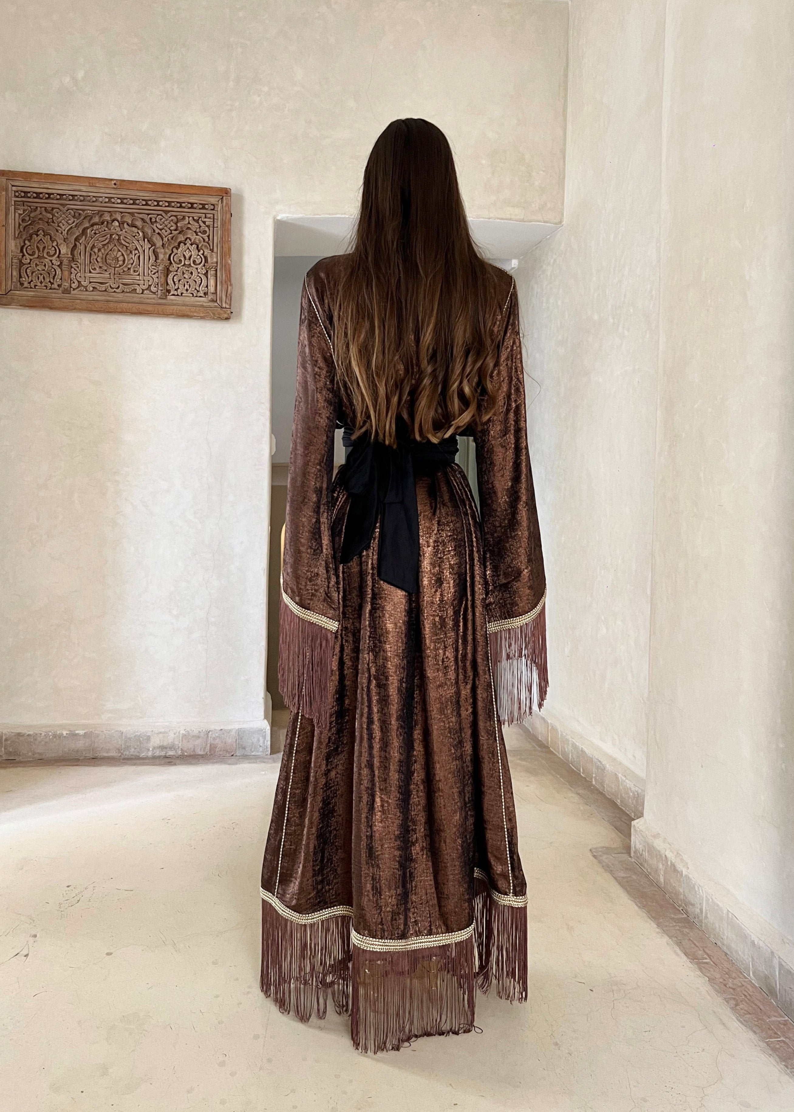 Bronze Silk Lamé Kaftan with Fringes