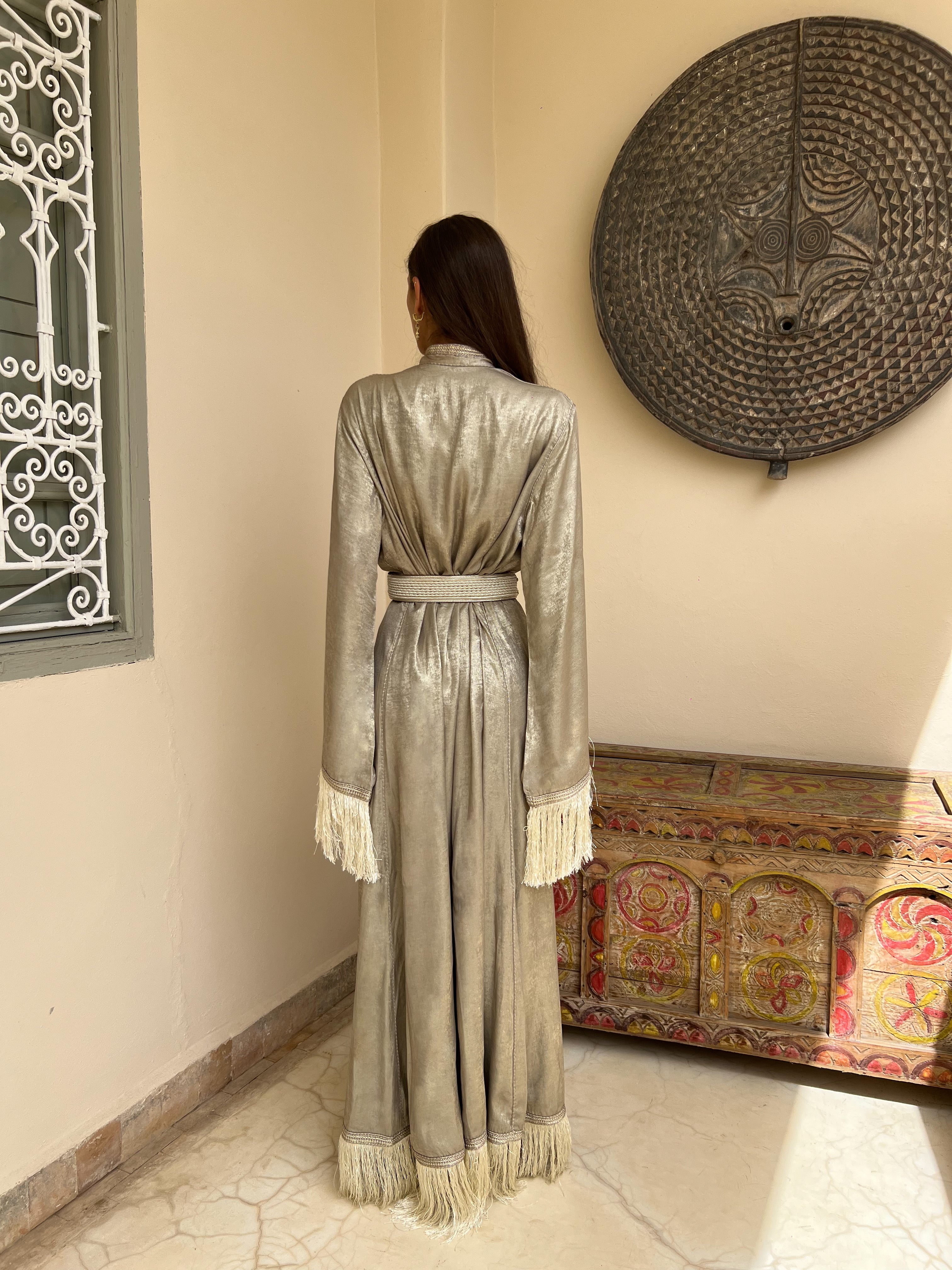 Beige and Gold Silk Lamé Kaftan with Fringes