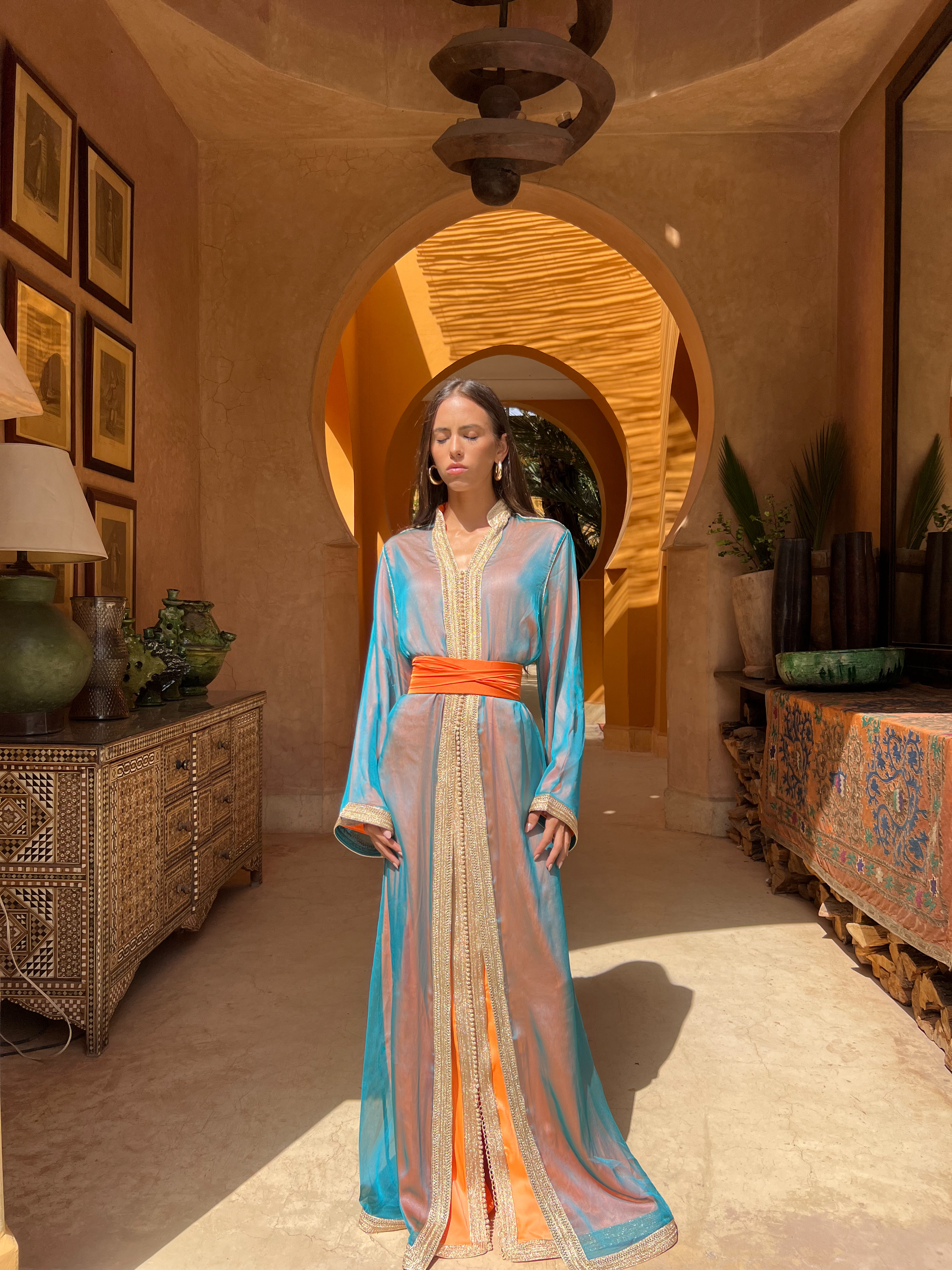 Blue Sequined Chiffon Kaftan with Orange Contrast