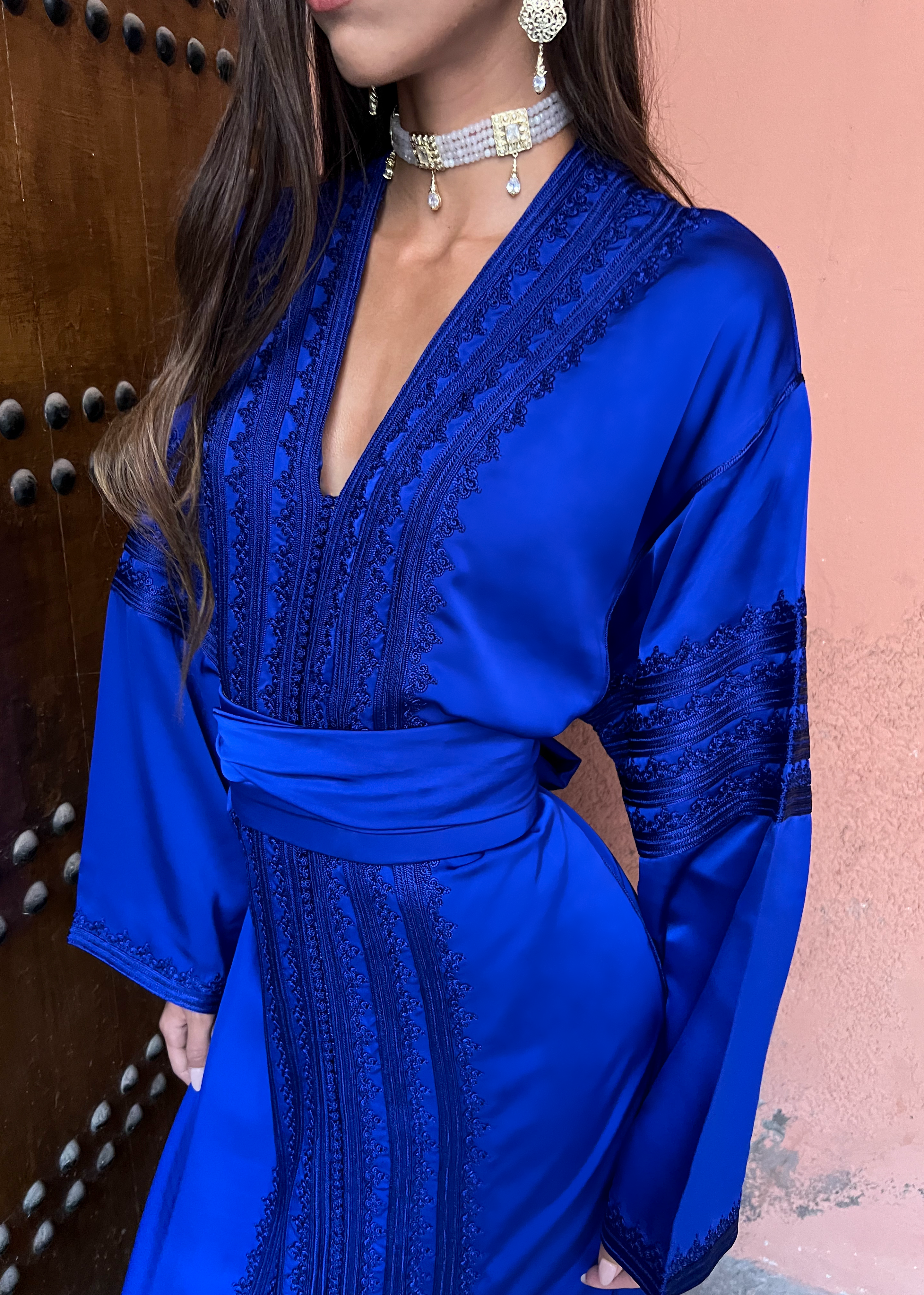 Embroidered Royal Blue Silk Sheet Kaftan