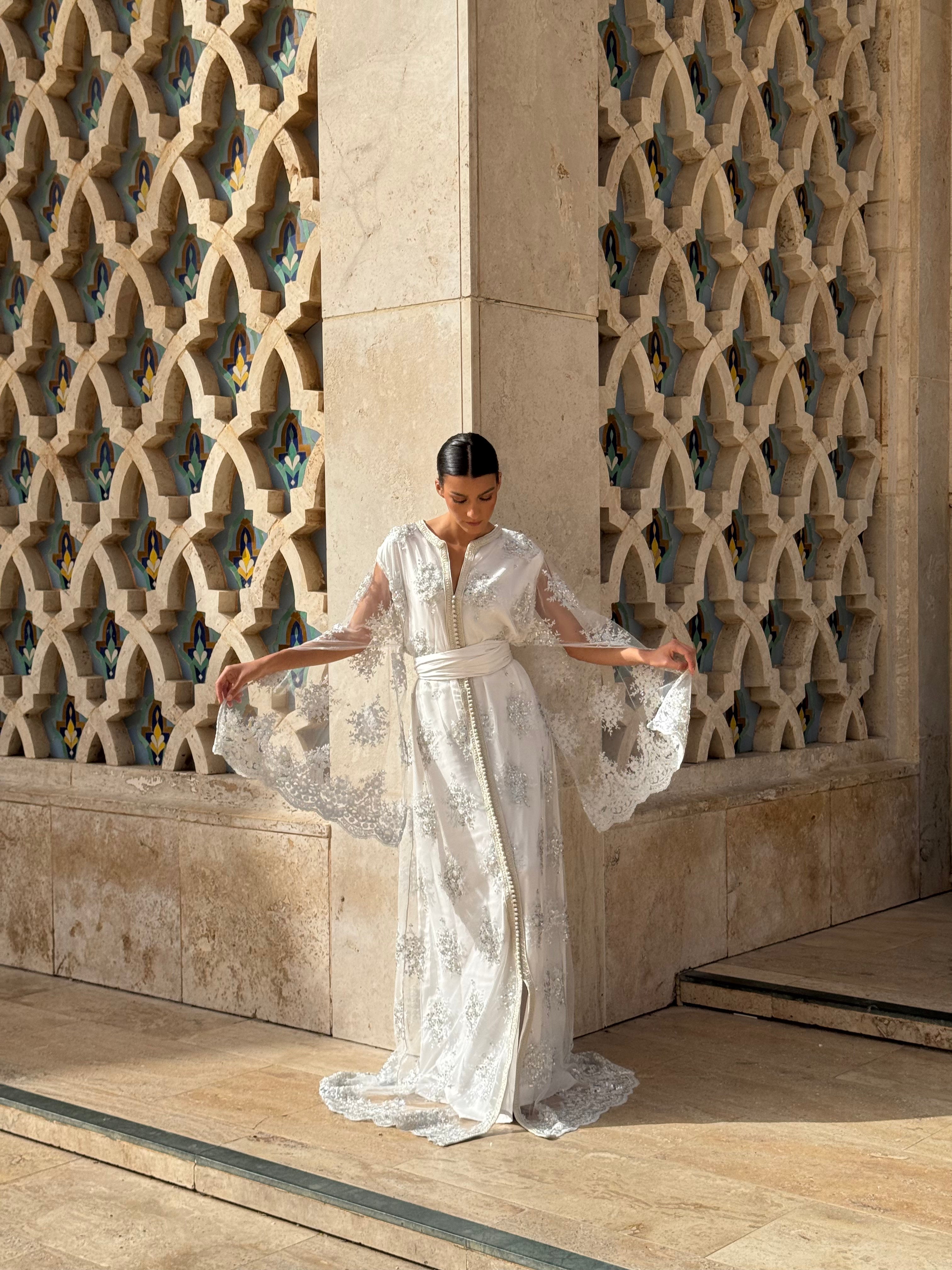 White Kaftan with Silver Embellishments and Beads