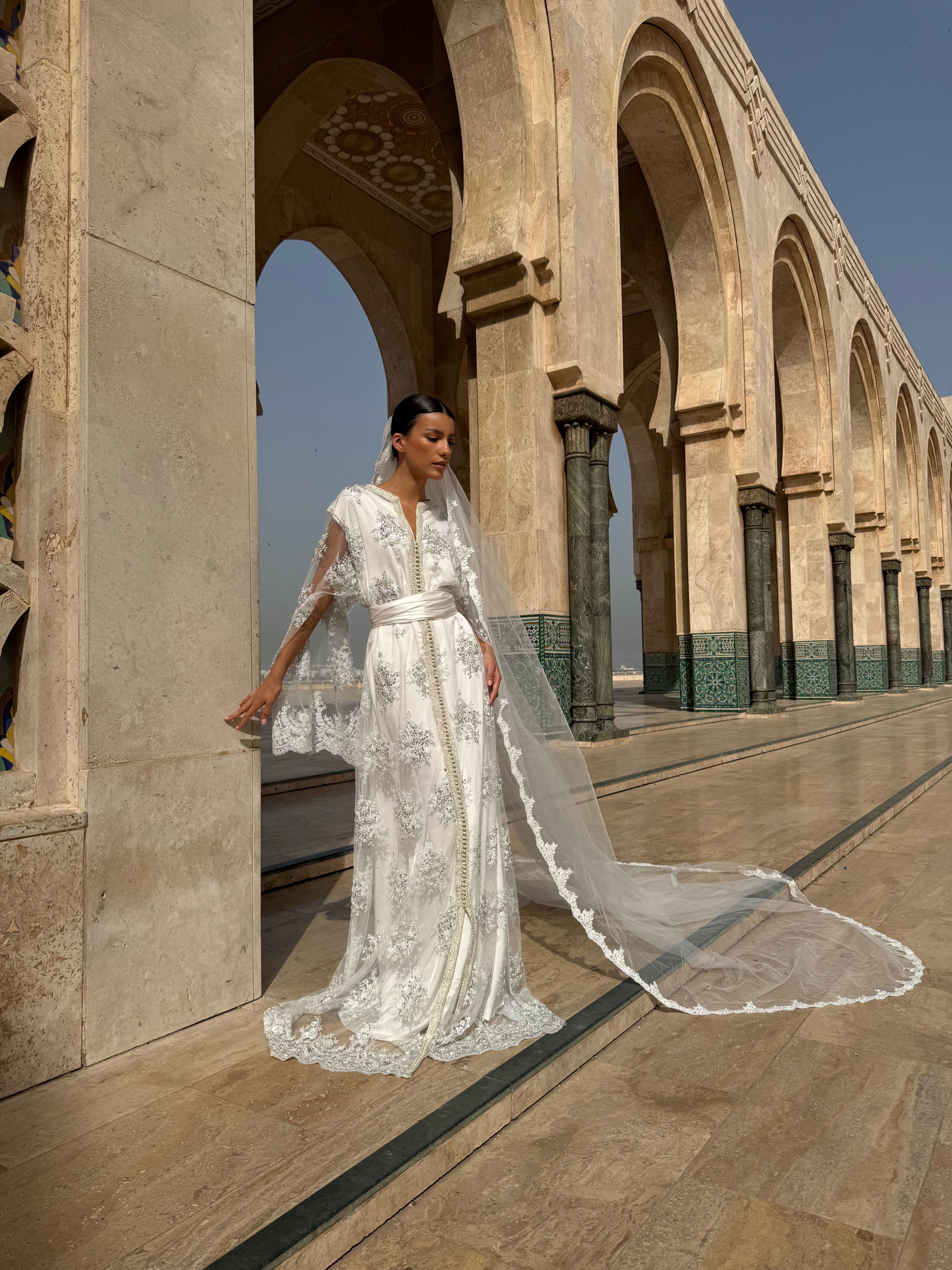 White Kaftan with Silver Embellishments and Beads