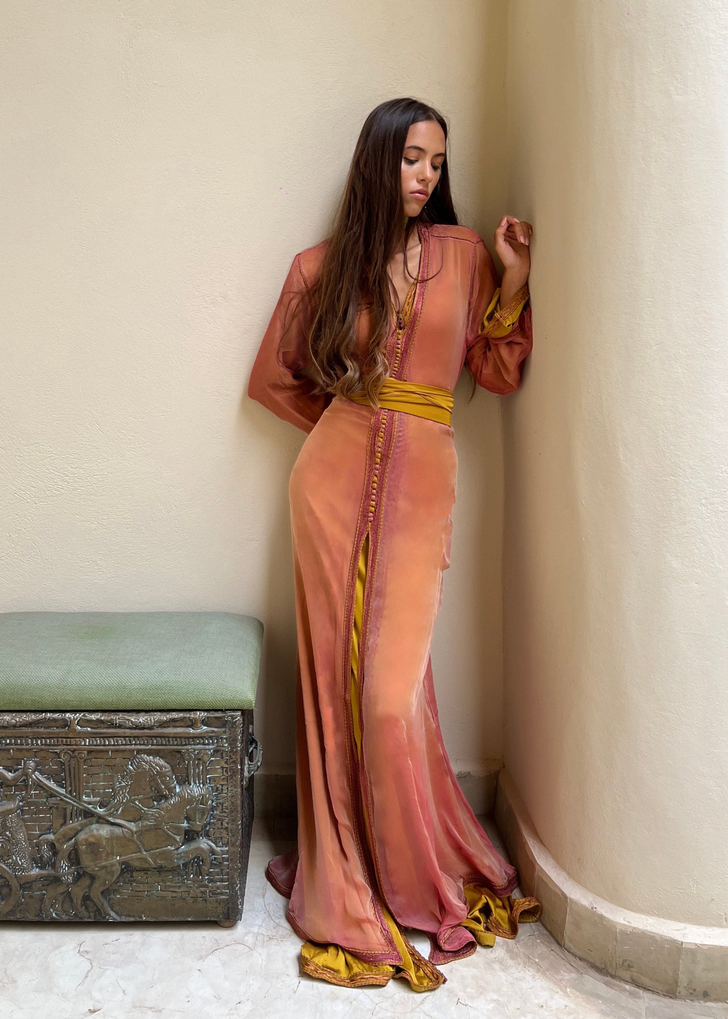 Peach Pink Changing Silk Caftan