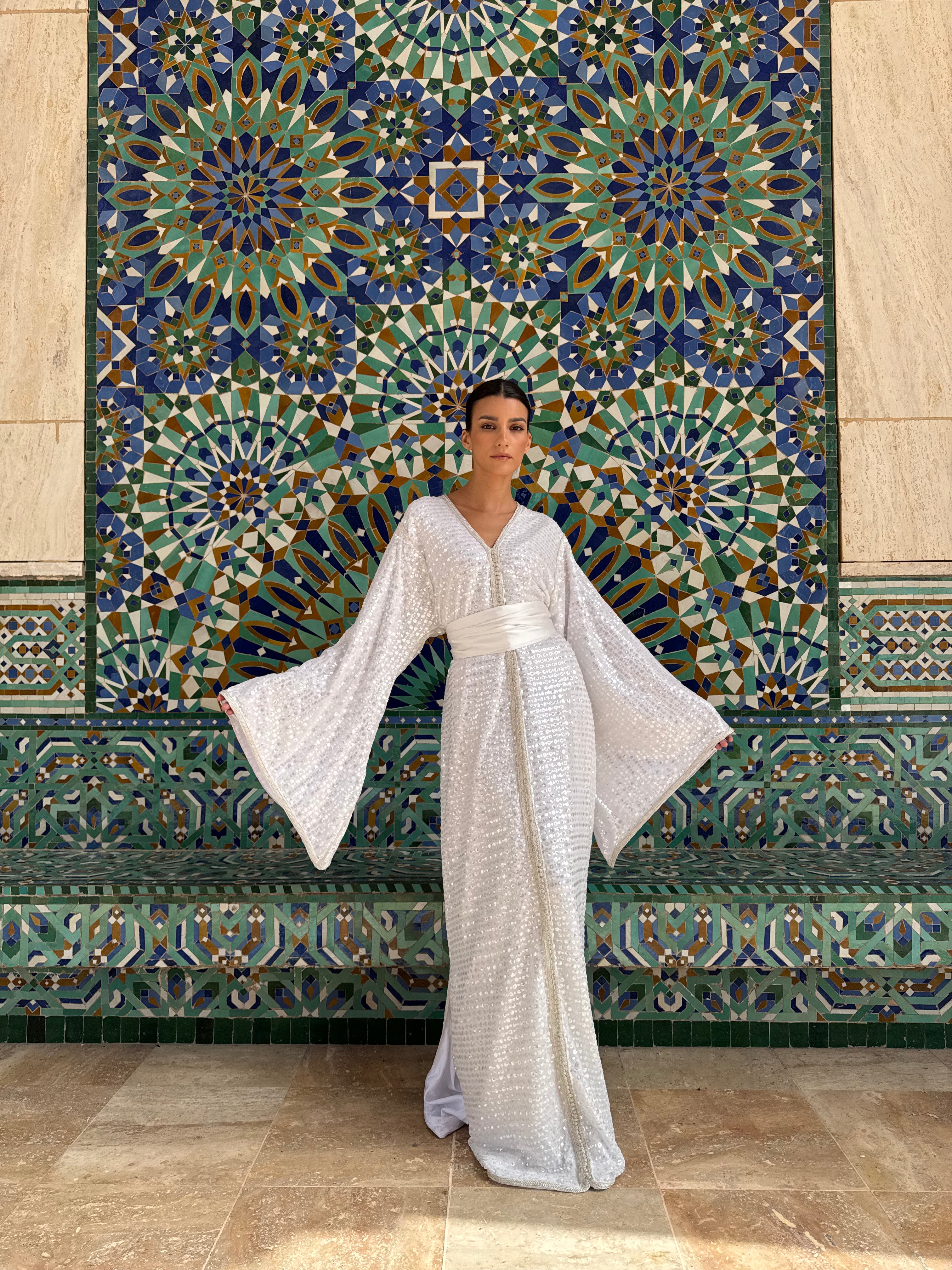 White Kaftan with Silver Sequins