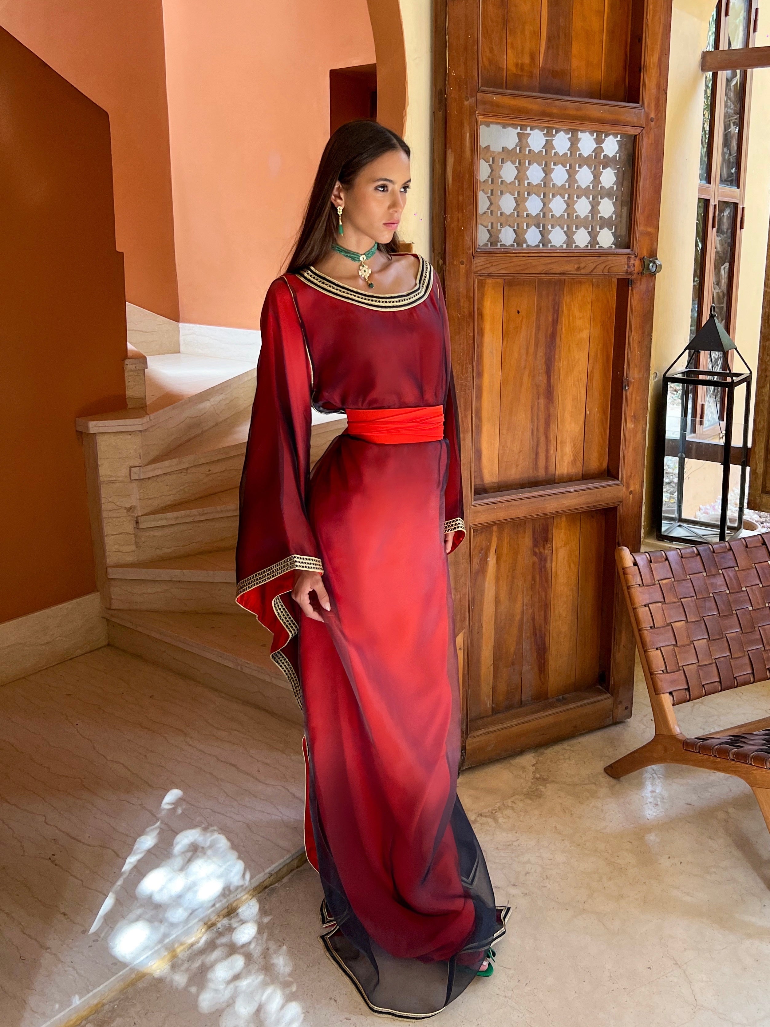 Caftan en Organza Dégradé Rouge