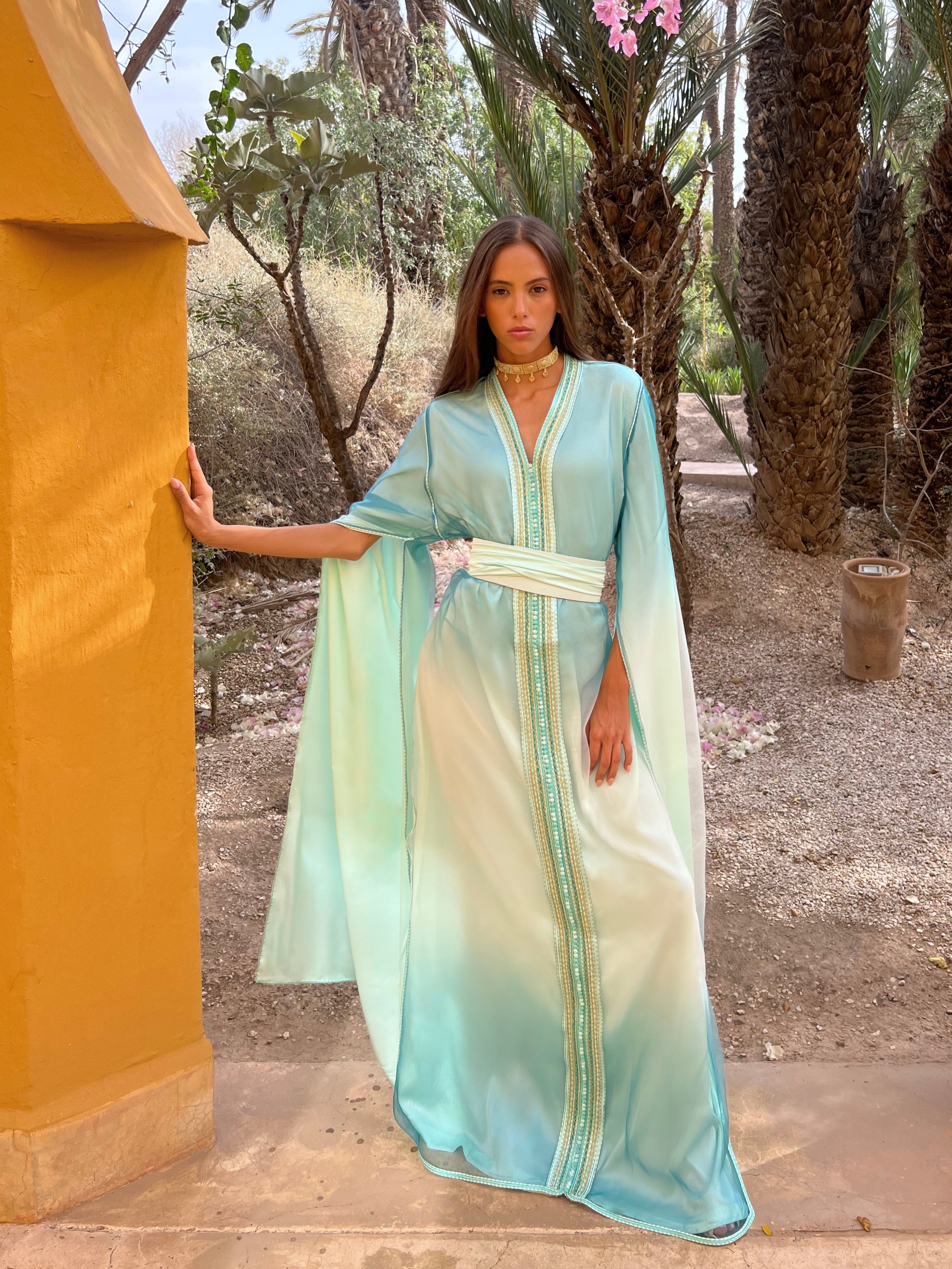 Pale Blue and White Gradient Organza Caftan with Flared Sleeves