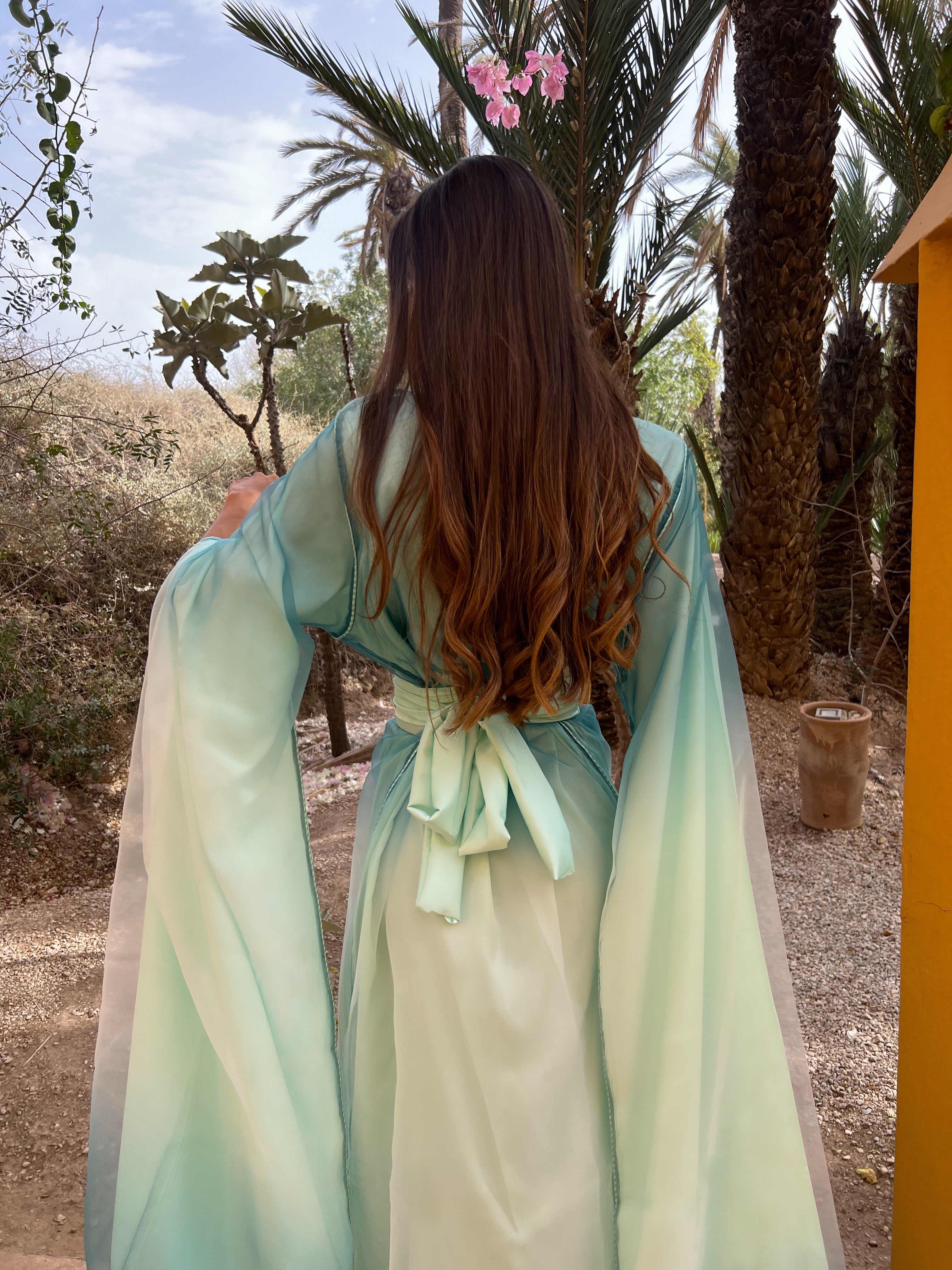 Pale Blue and White Gradient Organza Caftan with Flared Sleeves