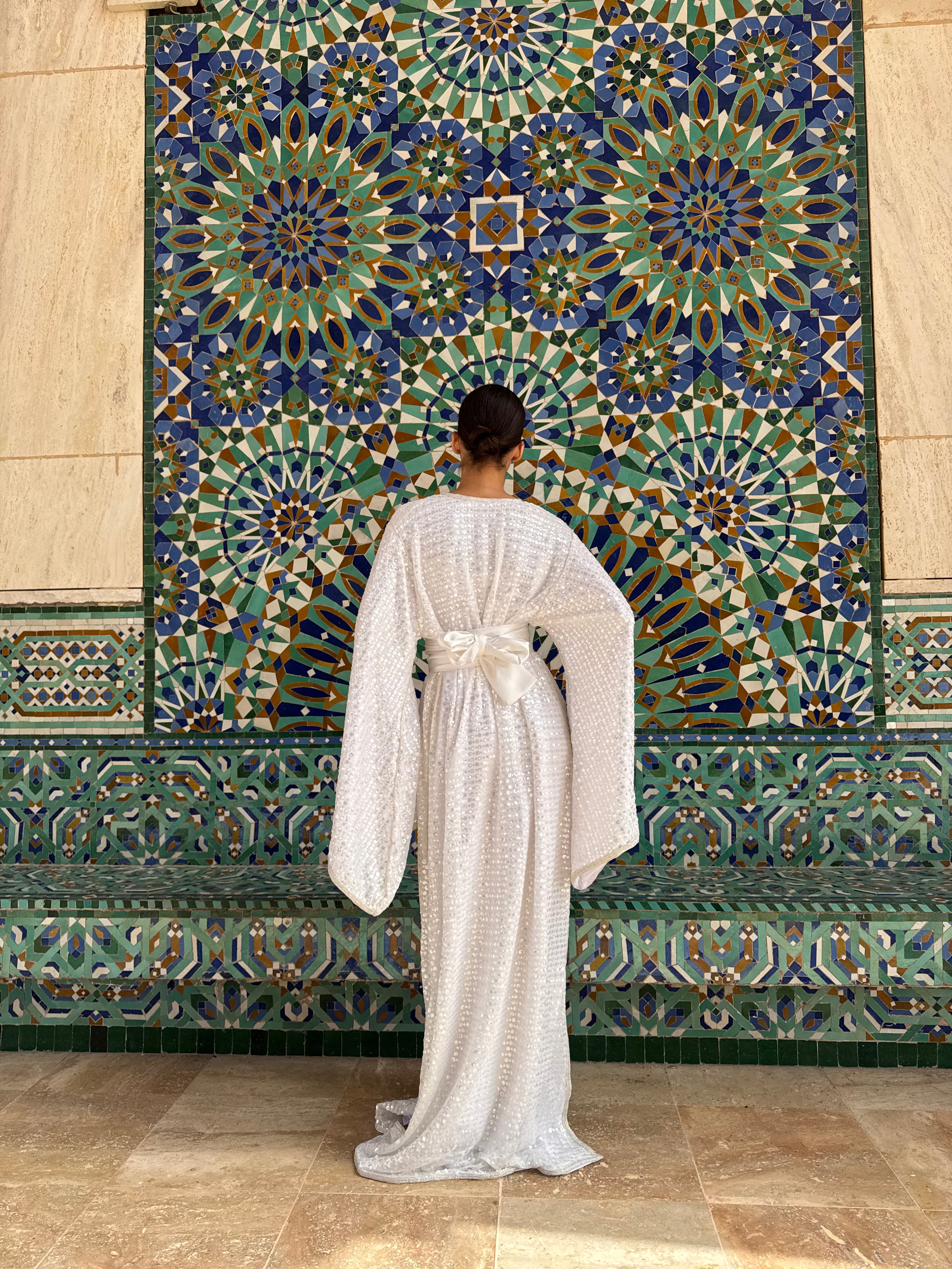 White Kaftan with Silver Sequins