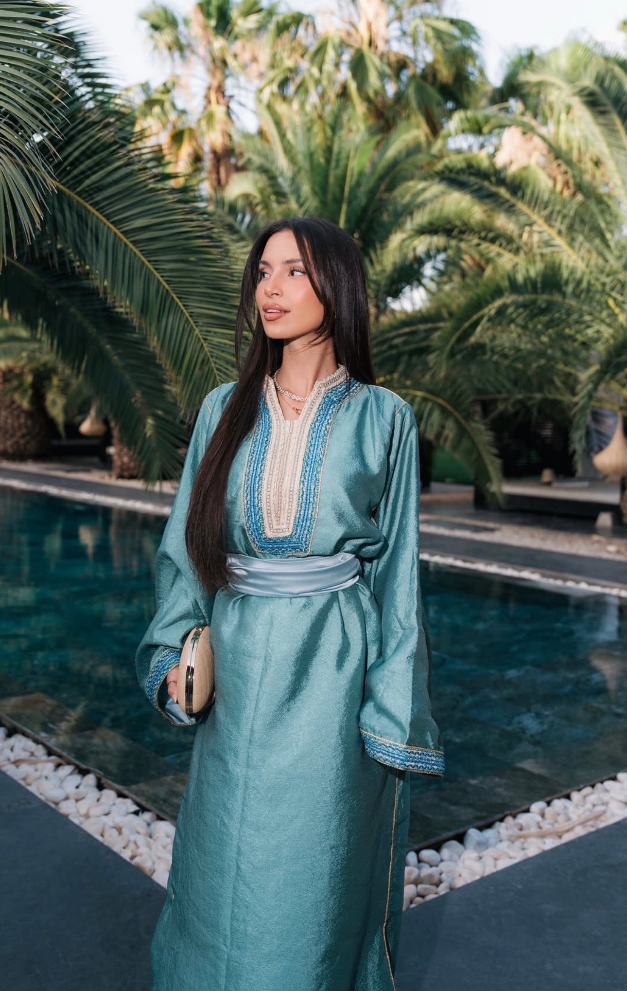 Draped Water Green Crepe Kaftan